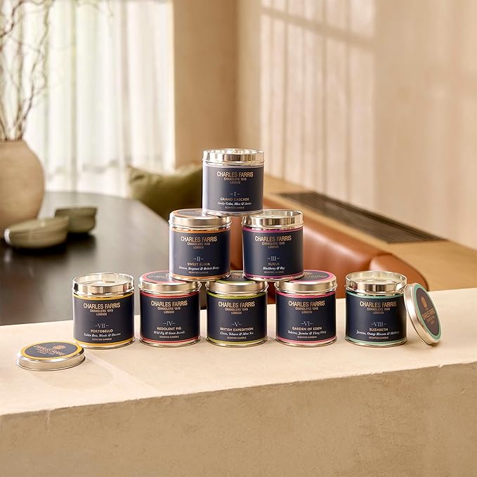 Charles Farris Luxury Scented Candle – Tin, Hand-Poured, Long Lasting, Clean Burning, 300g / 10.5oz, Burns for up to 40 Hours, Made in England – Wild Fig & Green Accords – Redolent Fig