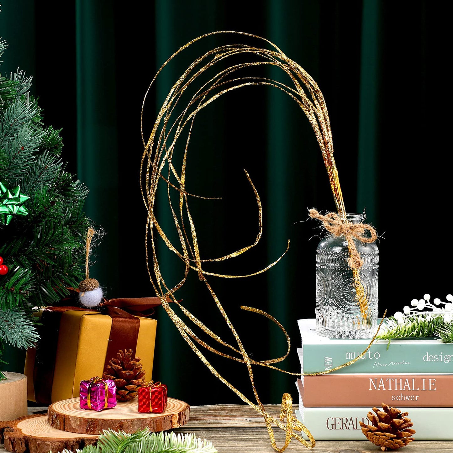 MTLEE 6 Pieces Glitter Gold Christmas Tree Picks and Sprays Decorative Stem Picks Sprays Branches Vase Filler Curly Ting Ting Branches for Christmas Tree Wreath Craft Home Garden Decorations