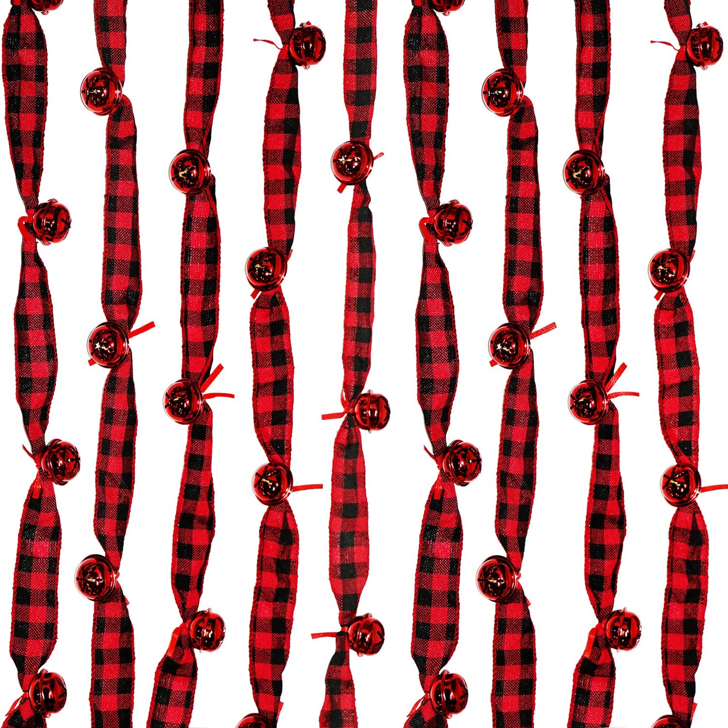 Jishi Rustic Buffalo Plaid Ribbon Garland - 6 Yards with Jingle Bell & Metal Sleigh Bell Ornaments