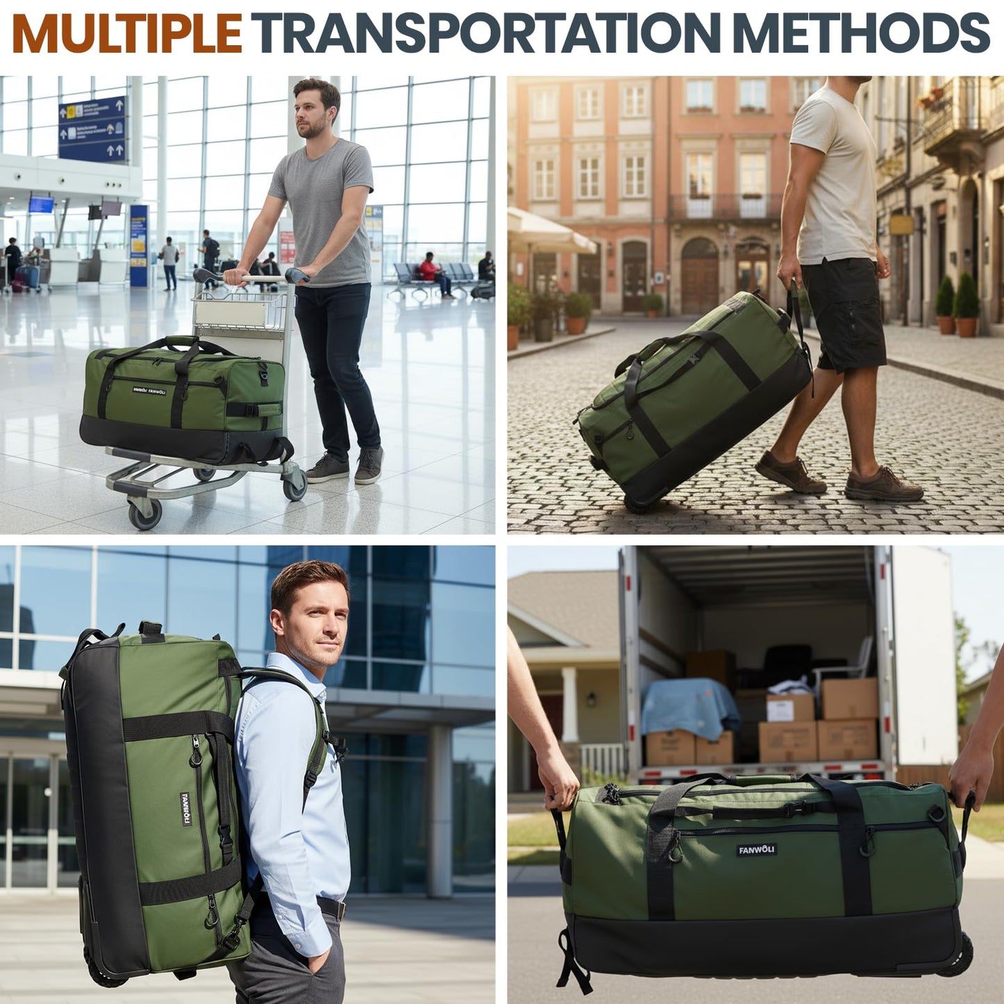 Fanwoli 100L Rolling Duffel Bag with Wheels, Durable Travel Duffel Backpack with Hidden Straps & Waist Support, Waterproof Foldable Luggage for Outdoor, Airport & Camping, Men/Women,Green