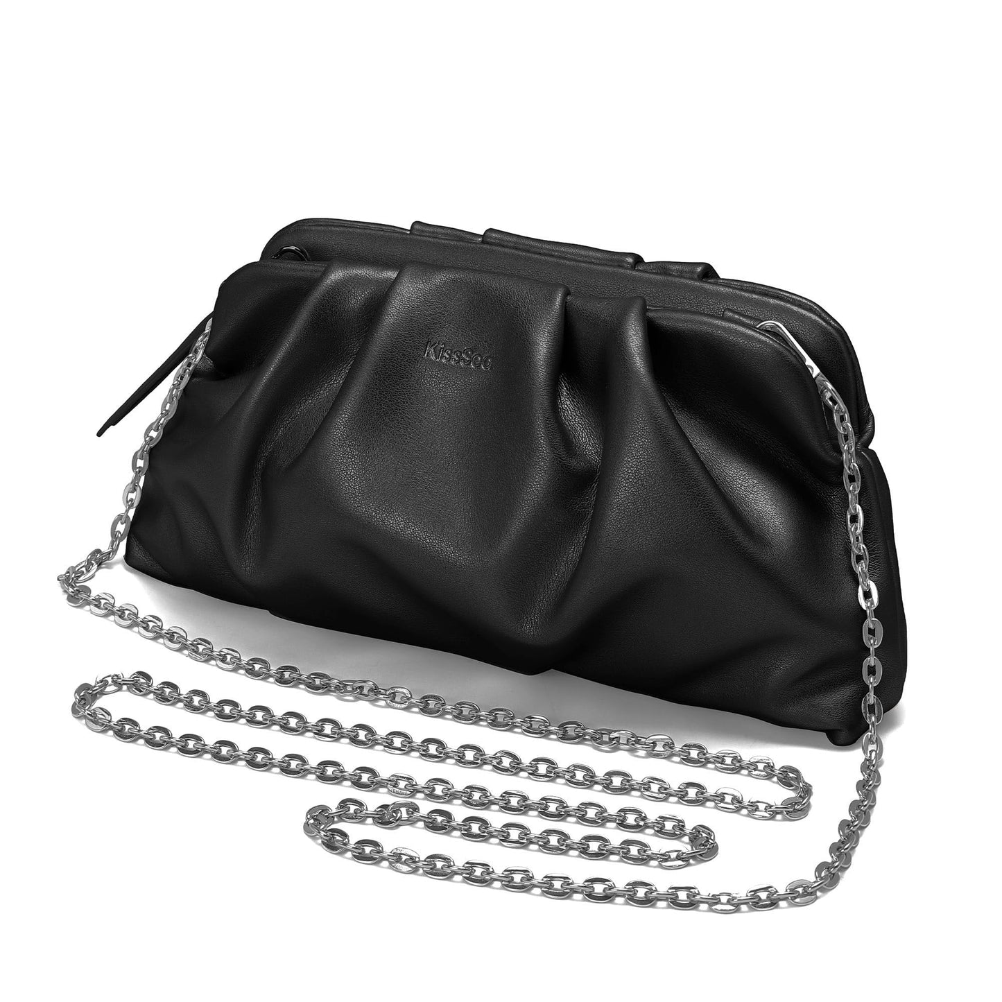 Kiss Sea Zipper Purses for Women Soft Pleated Vegan Leather Crossbody Bags Small Evening Bag for Cocktail Parties Black