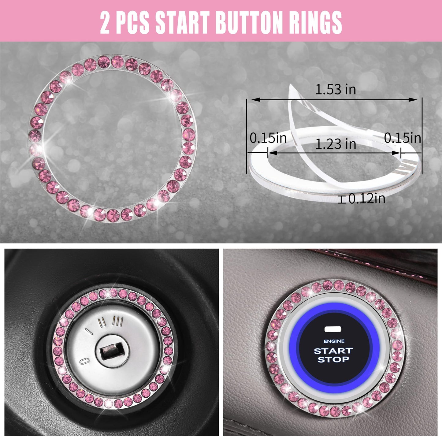 CAR PASS 24 PCS Pink Bling Diamond Accessories Set for Women, Leather Seat Covers, 15'' Steering Wheel Cover, Shining Rhinestone Sparkly Hooks, Coasters, Cute Interior Decorations