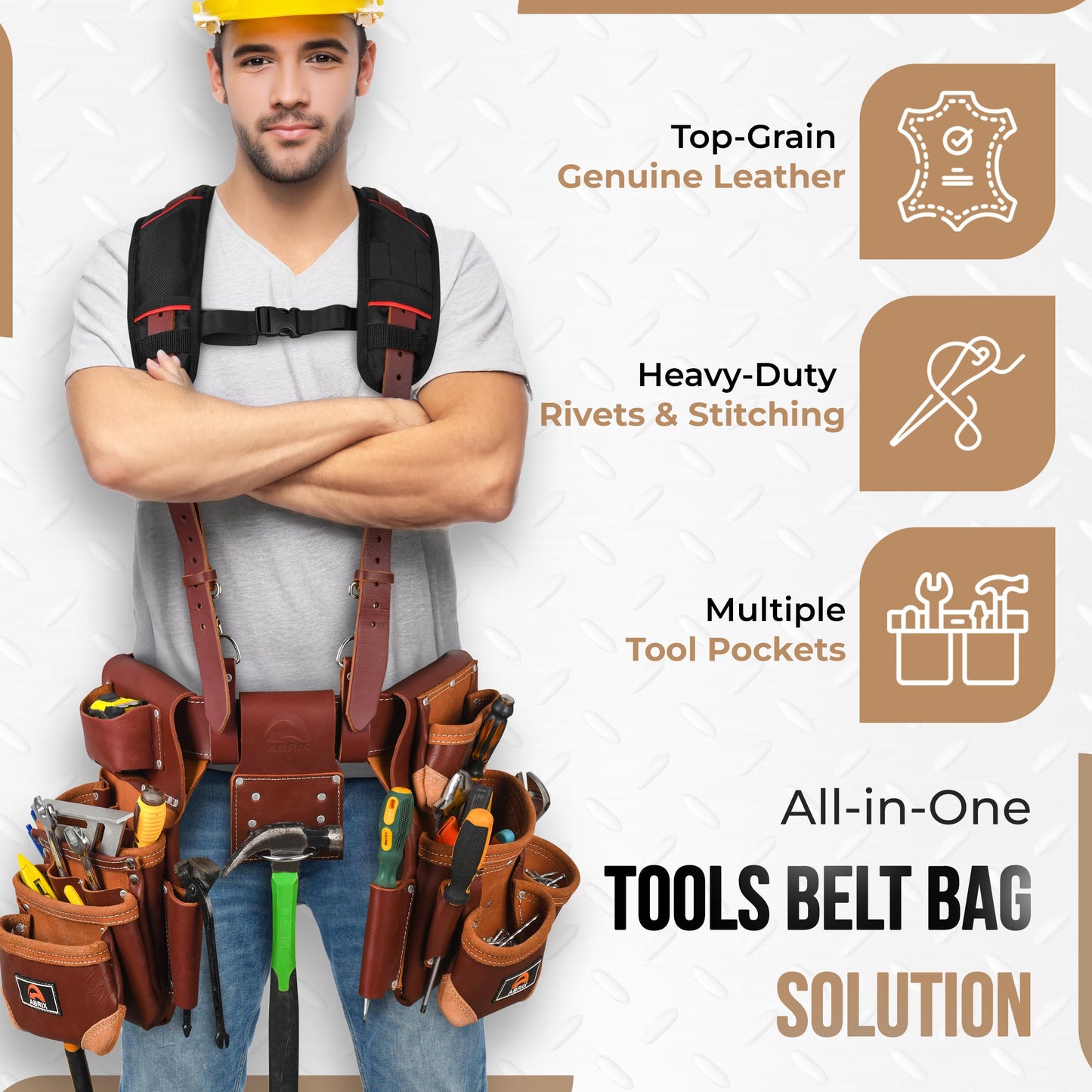 ABRIX Heavy Duty Tool Belt for Men – 4MM Thick Genuine Leather, Brass Buckle & Rivets | Foam Padded Comfort | 28-Pocket Carpenter & Framing Rig with Suspender | Work Belt Fit upto 32" to 52"
