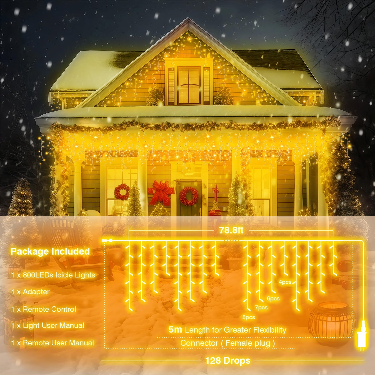800 LED Icicle Lights Outdoor, Plug in 79ft Waterproof Christmas String Lights, 8 Modes 4 Adjust Brightness, Remote & Timer, Indoor & Outside Decoration for Party, Wedding, Garden, Window, Wall
