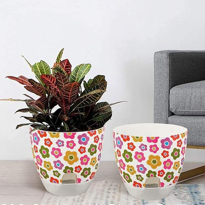 Print Flowerpots Round Plant Pots - 2 Pack Outdoor Garden Planter Plastic Indoor Modern Decorative Succulent Houseplant Pot with Drainage 5FP-COLFLW