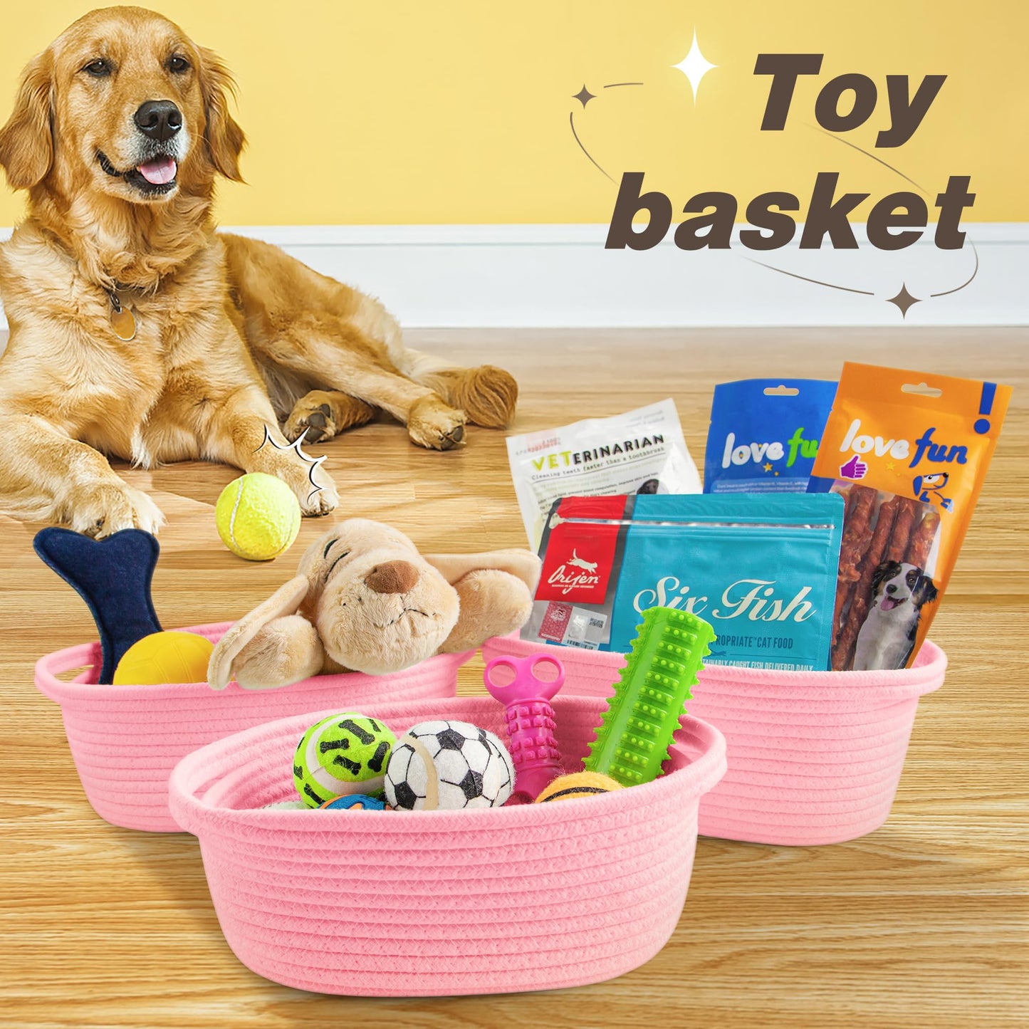 Pro Goleem Small Woven Basket with Gift Bags and Ribbons Durable Baskets for Gifts Empty Small Rope Basket for Storage 12"X 8" X 5" Baby Toy Basket with Handles, Pink