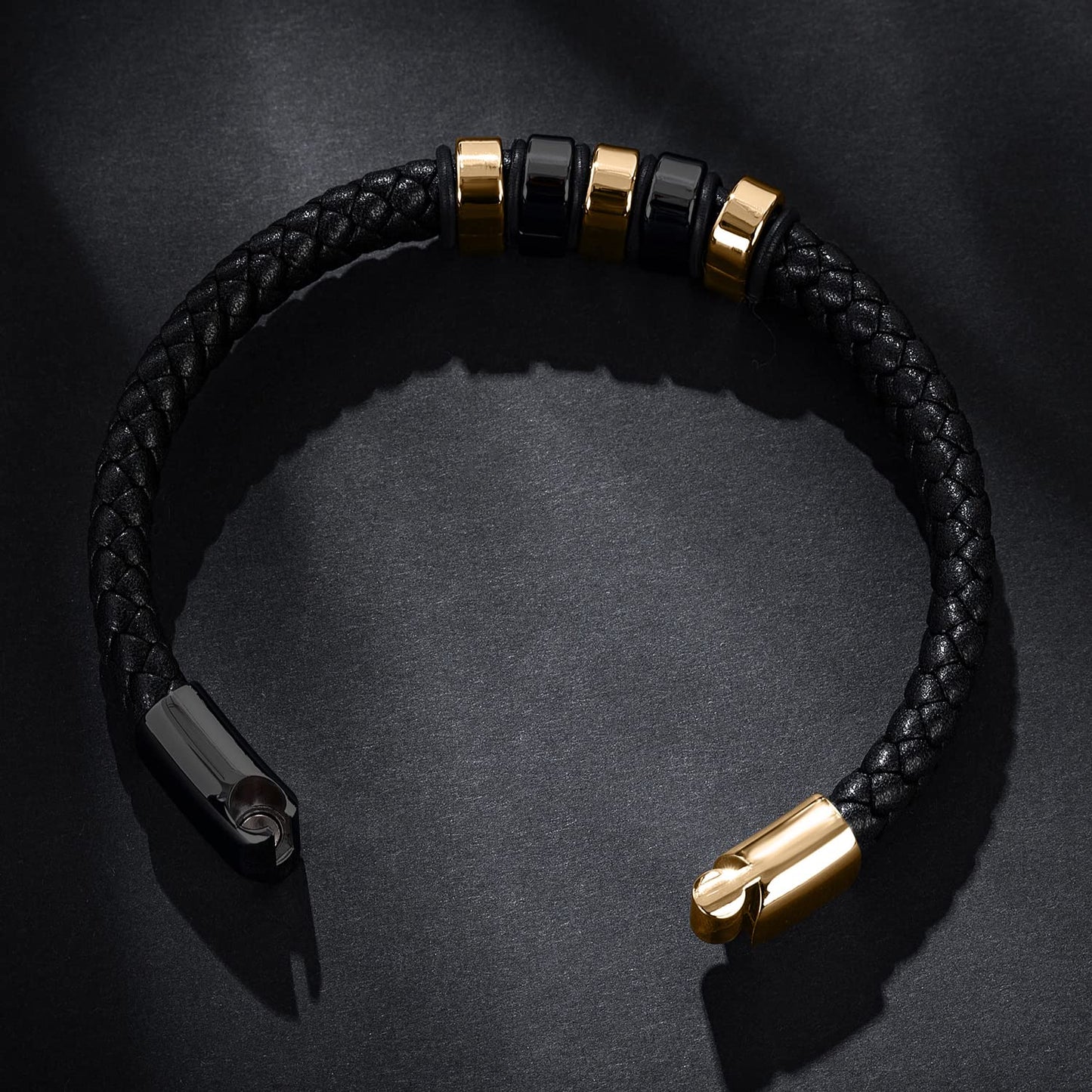 LJWVX Mens Black Leather Bracelets,Braided Leather Wristband Cuff Bracelet,Stainless Steel Clasp,Gifts for Men