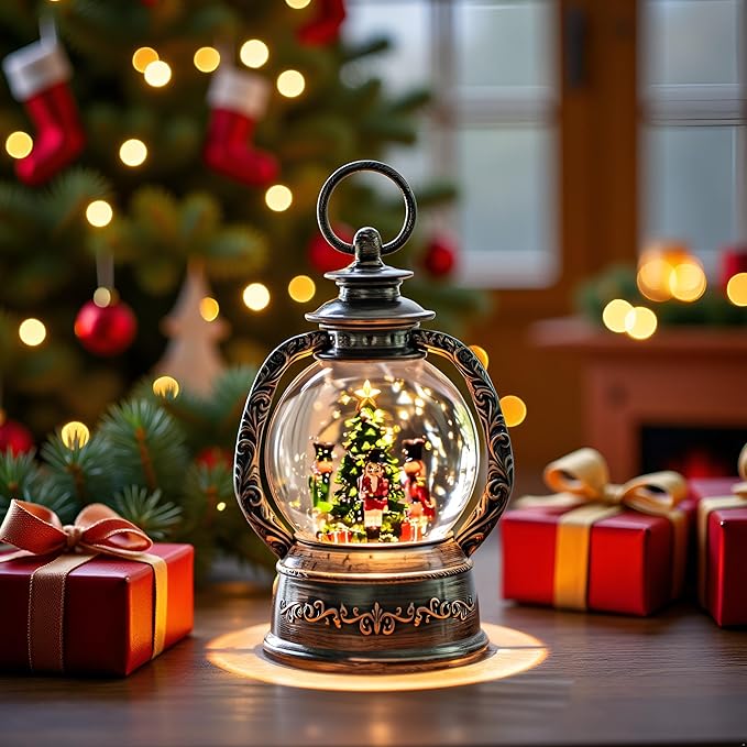 Christmas Snow Globe Lantern Water Glittering Nutcrackers with Music & Timer, USB Lined/Battery Operated Lighted Lantern for Christmas Festival Decoration Gifts