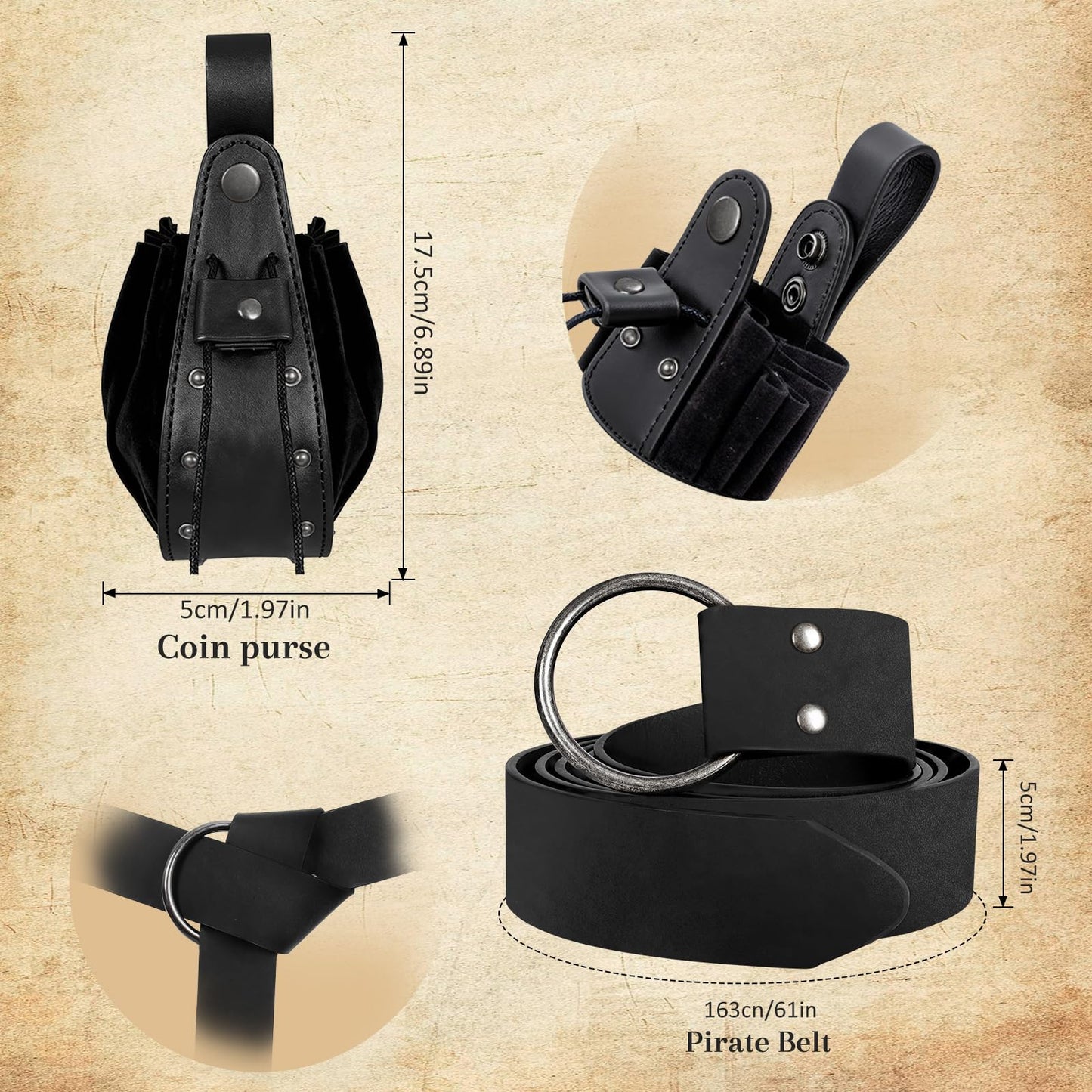 Renaissance Belt Pouch Medieval Pirate Costume Accessories - Viking Faux Leather Waist Bag with Skirt Hikes for Cosplay LARP (Black)