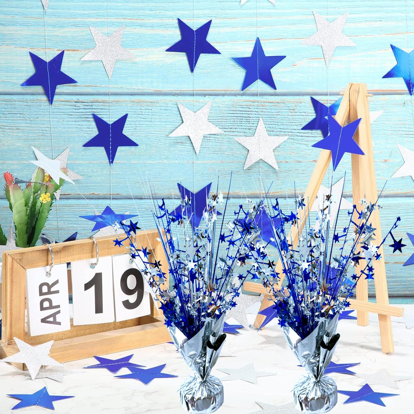 FUBININA 6 Pack Metallic Foil Spray Centerpiece Star Table Decoration Burst Table Centerpieces for Birthday Wedding Anniversary Graduation Holiday Party Supplies Decor, Silver Blue