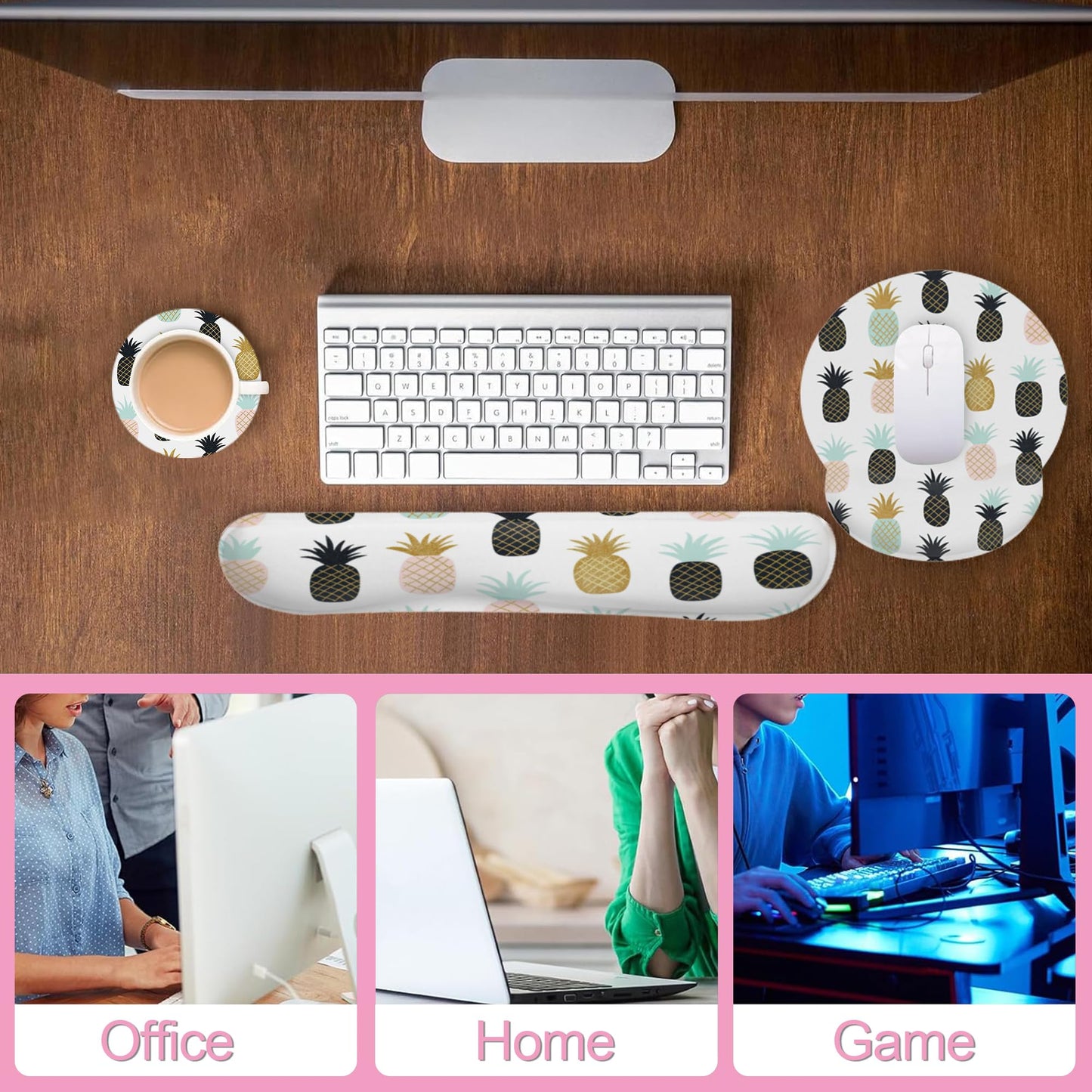 Abstract Tropical Pineapple Fruit Keyboard Wrist Rest Pad and Mouse Pad Wrist Support Set,3-in-1 Ergonomic Mouse Pad with Non-Slip Rubber Base for Home Office Game Computers Desk,