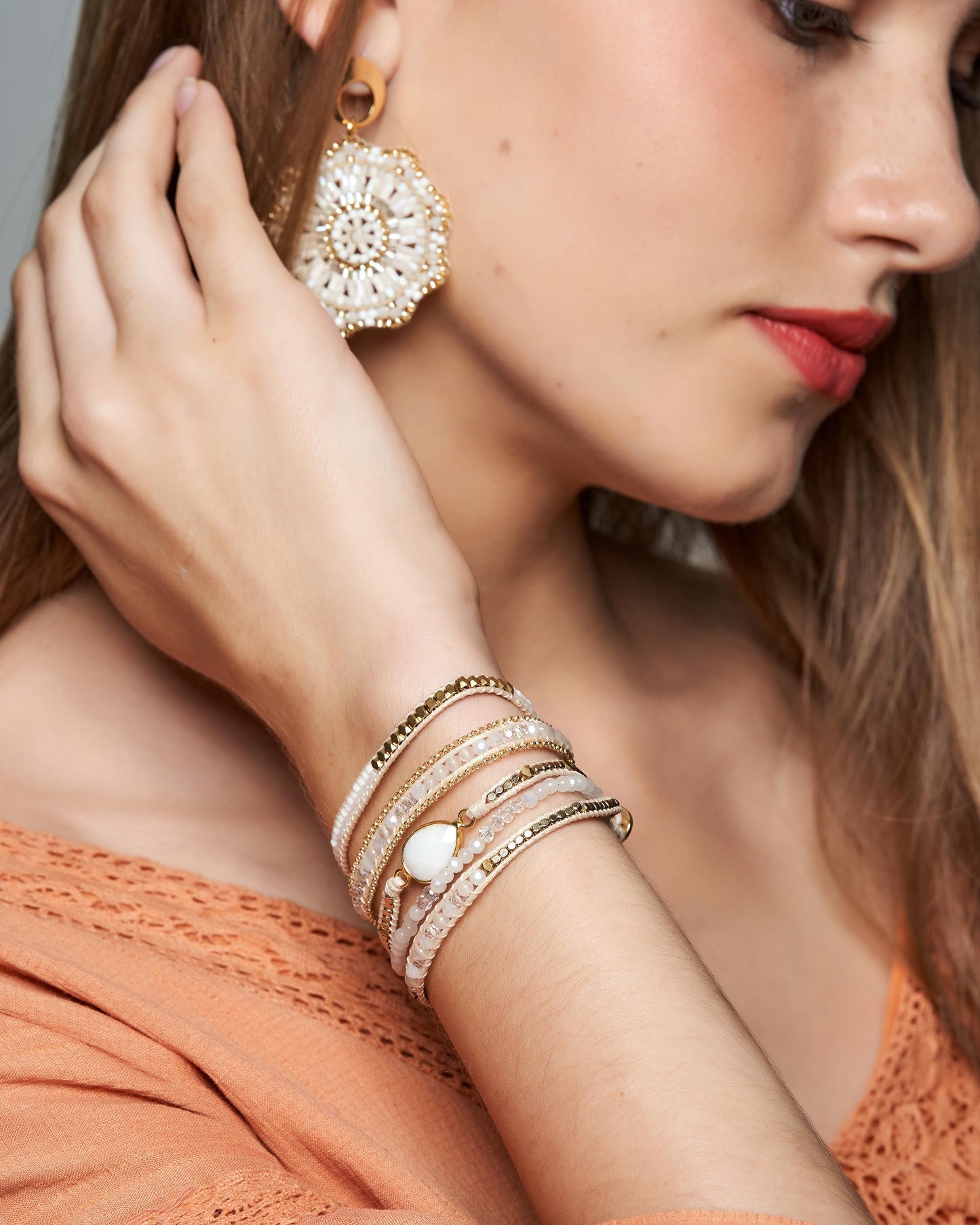 G2F DESIGN Bracelet for Women – Handmade Vegan Boho Natural Stone Layered Bracelet, Thailand Bohemian Stackable Beaded Wrap Bracelets (A1-Off White)
