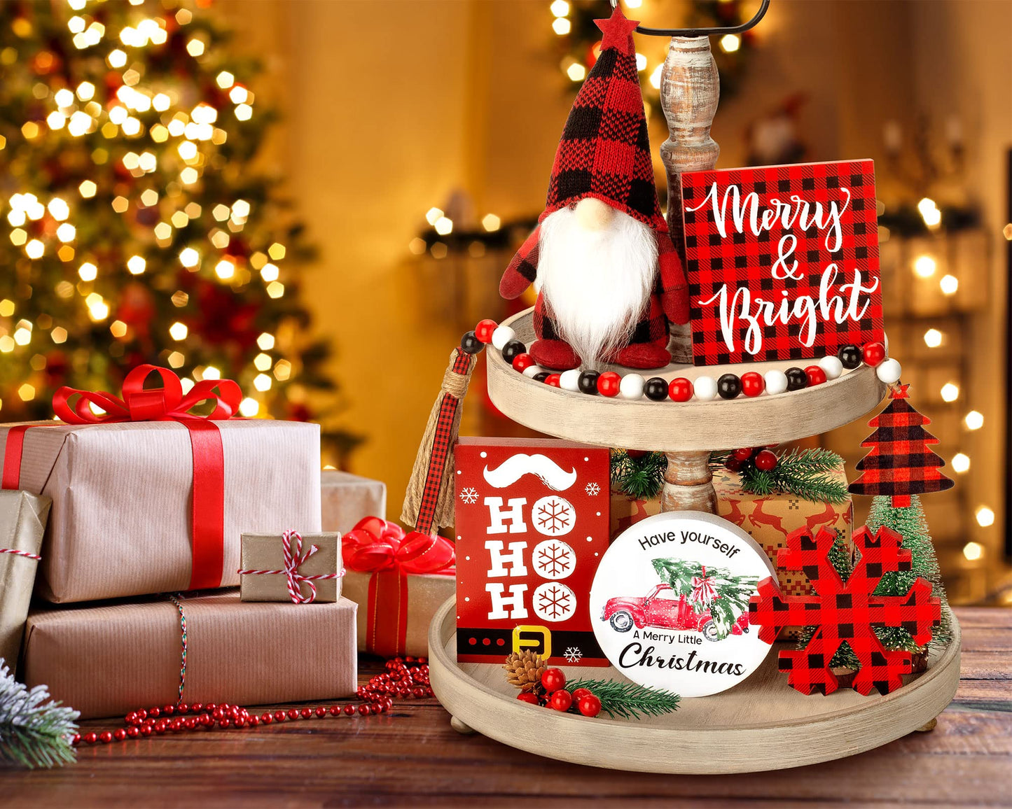 Christmas Tiered Tray Decor 6 PCS Xmas Decorations for Home - Xmas Table Decor Wooden Signs & Buffalo Plaid Gnome Plush Set - Farmhouse Christmas Tray Decoration Kitchen Table Mantel