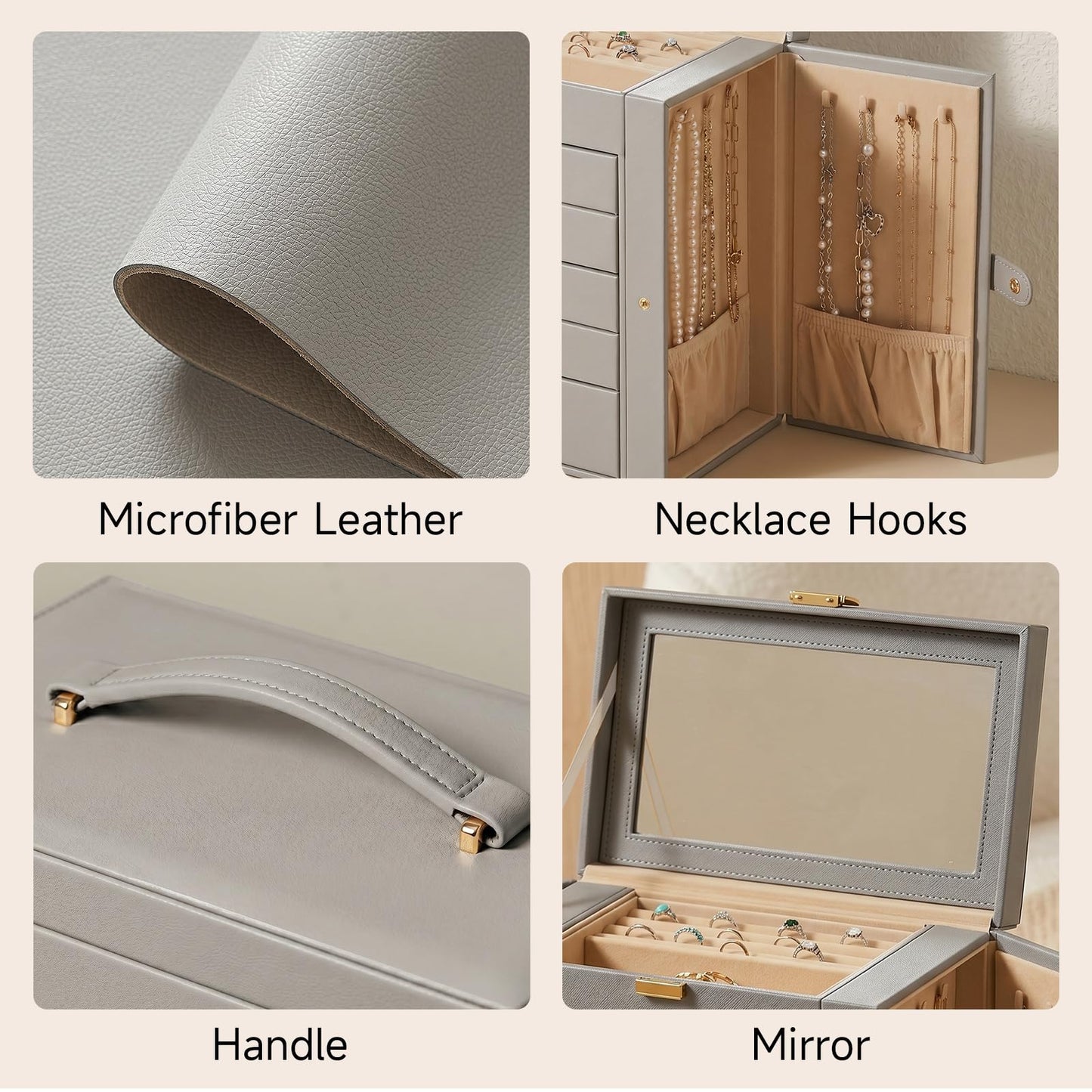 Homruilink Large Leather Jewelry Box Organizer 6 layer Jewelry Storage Case for Women Girls Ring Necklace Earring Bracelet Holder with Mirror, Ideal Gift (Grey)