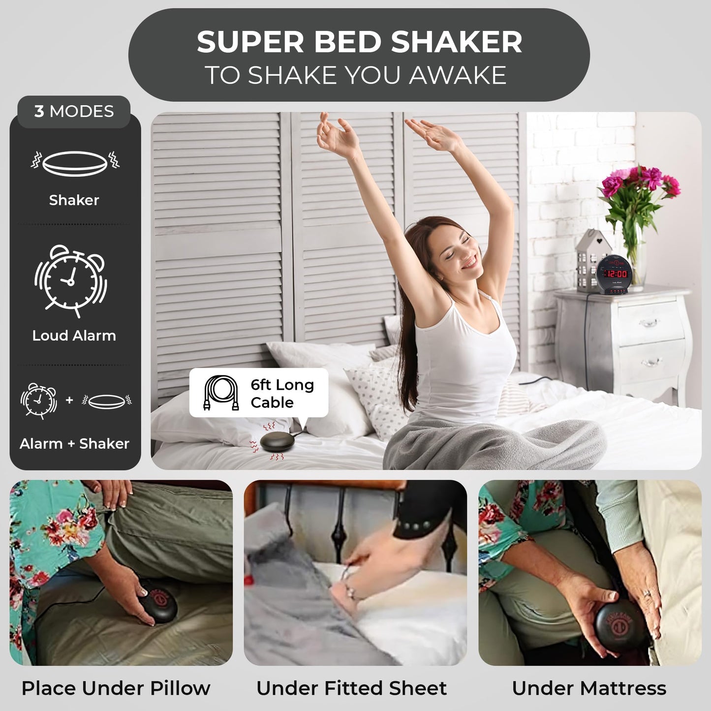 Sonic Bomb Dual Extra Loud Alarm Clock with Bed Shaker, Black | Sonic Alert Vibrating Alarm Clock Heavy Sleepers, Battery Backup | Wake with a Shake