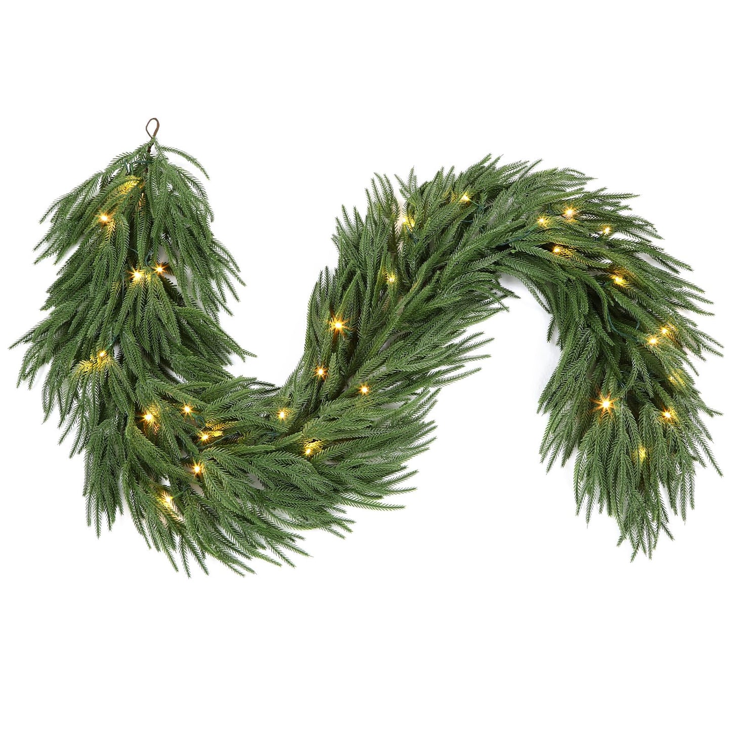 9ft Artificial Christmas Garland with Lights, Real Touch Norfolk Pine Garland - Pine Garlands, Prelit Green Christmas Garland for Mantle, Table, Fireplace, Indoor, Outdoor Christmas Decorations