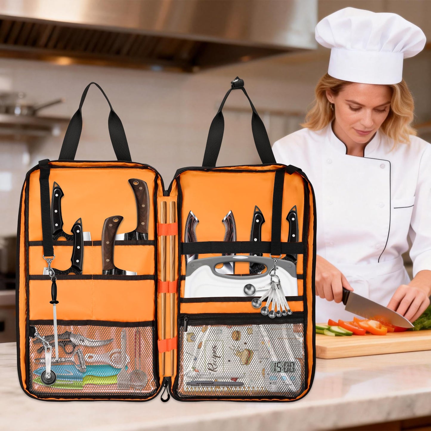 FURIMETY Professional Knife Bag with Front Pocket for Cookbook & Pad, Chef Knife Bag With Shoulder Strap, Knife Carrying Case for Kitchen Tools & Chef Utensils, Quilted Black
