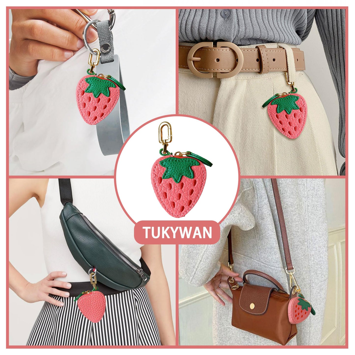 TUKYWAN Strawberry Coin Purse,Leather Bag Charm for Handbags,Fruit Purse Charm,Cute Keychain Accessories with Zipper,Mini Coin Pouch Gifts for Women