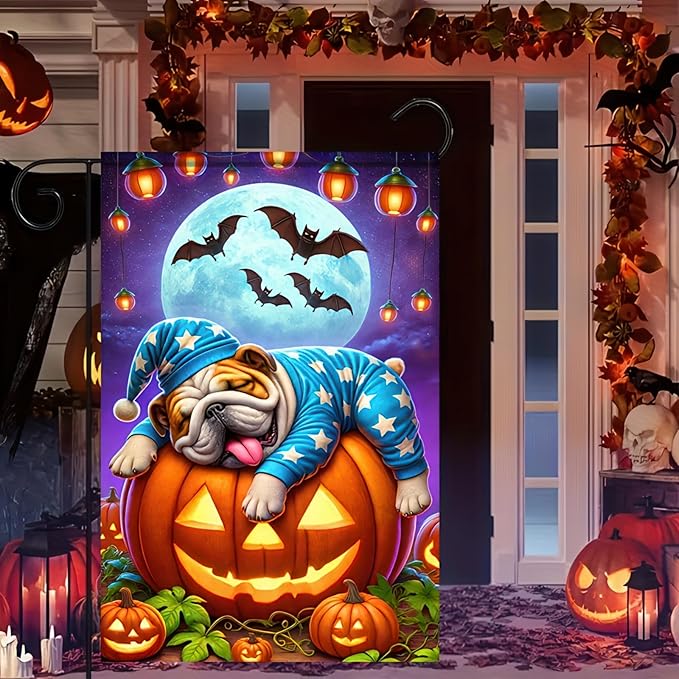 Halloween Garden Flag, 12x18 Inch Double-Sided Polyester, Pug Sleeping on Pumpkin Flag, Outdoor Patio Decoration, Festive Yard Banner, Easy to Hang (Only Garden Flag)
