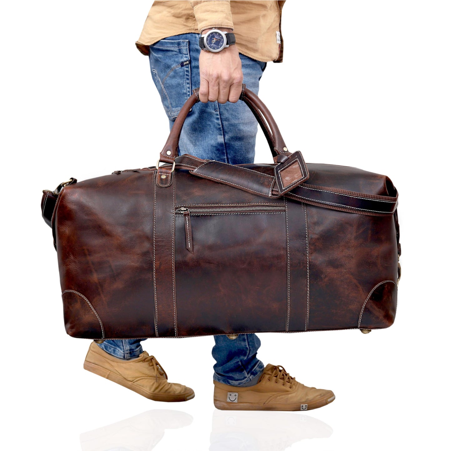 Leather Farm 24 Inch Genuine Buffalo Leather Travel Duffel Bag, Overnight Weekend Bag Sports Gym Duffel for Men, Airplane Under Seat Carry on Bags (Brown)