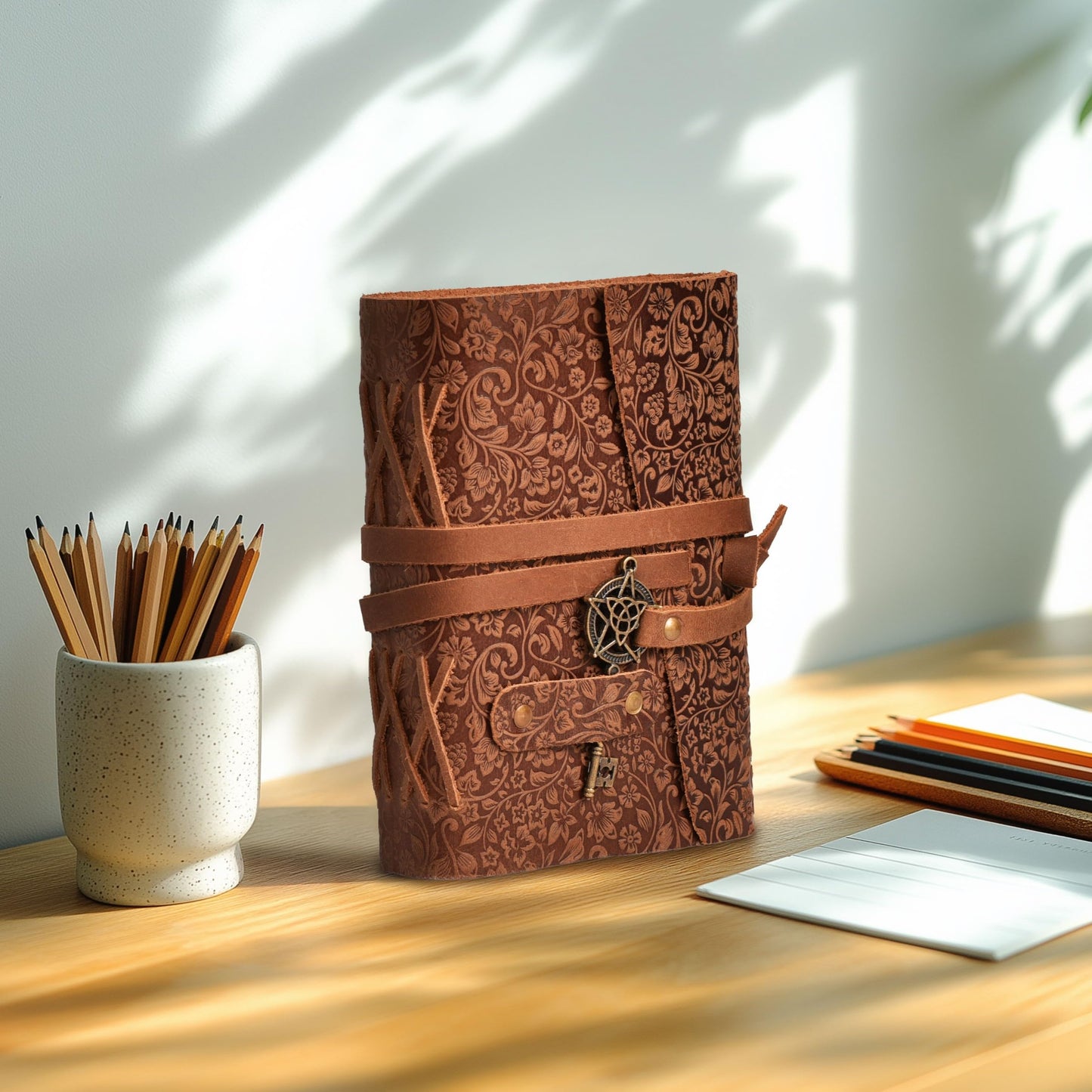 LEATHER VILLAGE Handmade Leather Bound Floral Embossed Journal for Women | 260 Pages Blank of Vintage Paper Writing, Sketchbook, Notebook - Rustic Brown - 10X7 Inches