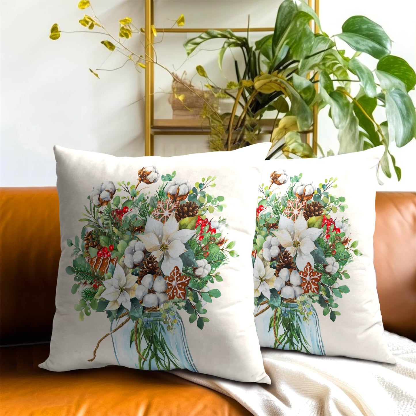 Winter Floral Bouquet Throw Pillow Covers 18x18 Inch 2 Packs Christma Poinsettias Pinecones Pillowcase Holly Berries Eucalyptus Mason Jar Farmhouse Cotton Square Cushion Case for Home Sofa Bedroom