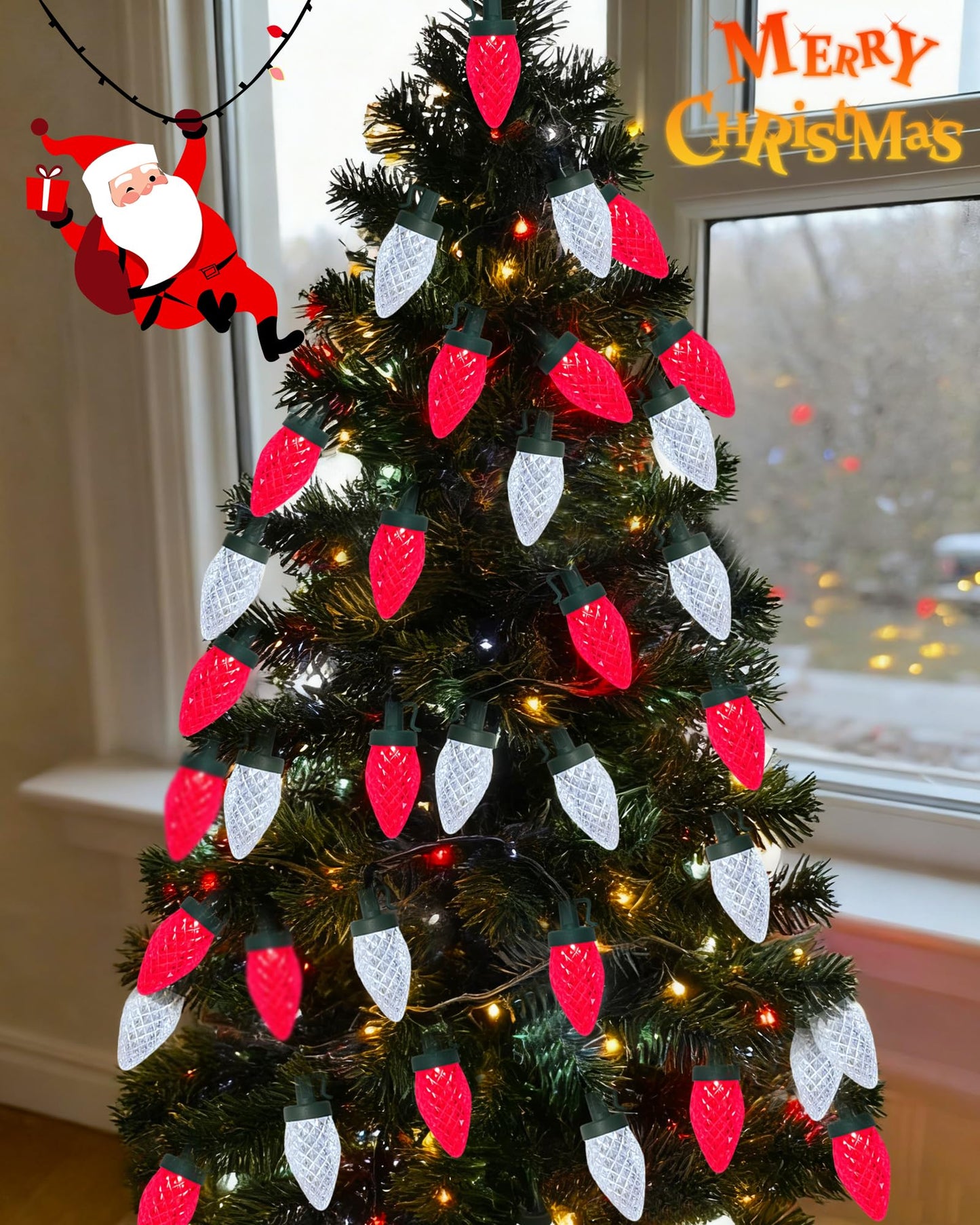 C9 Red White Christmas Lights Outdoor, 25Ft LED Strawberry Xmas Light 25 LED Shatterproof Bulb Lights, Plug in C9 Christmas String Light Connectable for Outside Indoor Home Porch Tree Xmas Decor