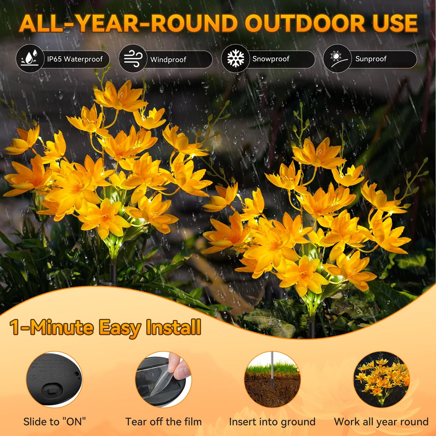 Neporal Solar Flowers Outdoor Waterproof IP65, 5-Head Snow Lotus with 20+ Flowers, Warm LED Light & 2 Lighting Modes, Decorative Solar Lights Outdoor Garden, Yard, Pathway, Flower Bed (2-Pack, Yellow)
