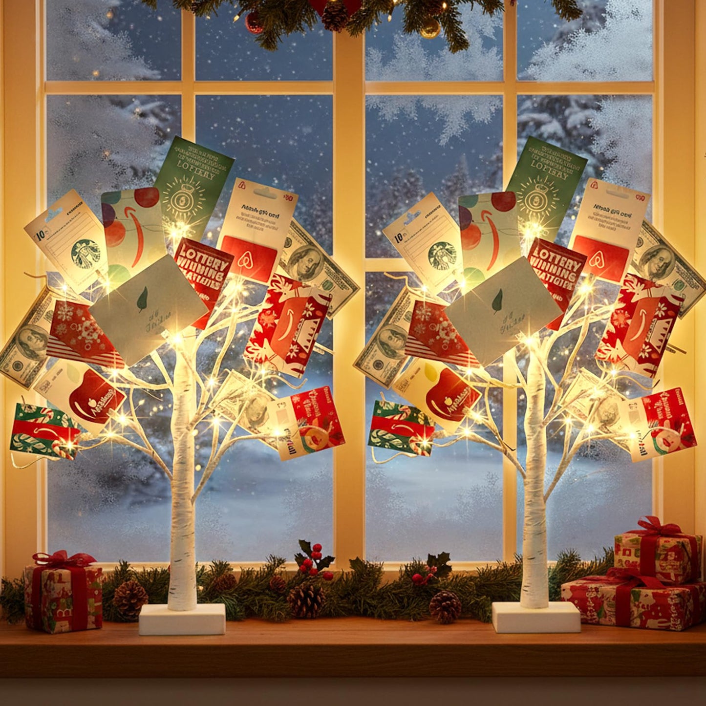 EAMBRITE Money Tree Gift Holder, Gift Card Tree 2FT 24LED, Lighted Birch Trees Battery/USB Powered Timer Photo Display with 24 Clips and 12 Cards for Home Graduation Christmas Picture Memo 2 Pack