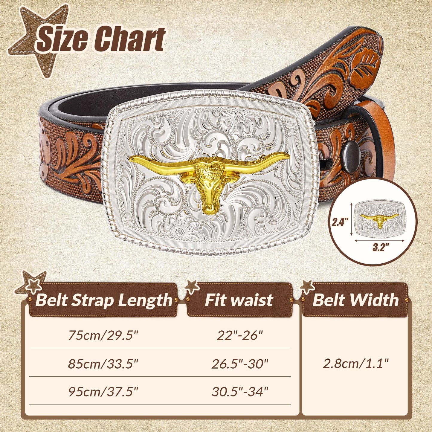 JKEEMI Kids Western Belt, Boys Girls Cowboy Belt for Kids with Detachable Square Buckle and Genuine Leather for Jeans Gifts