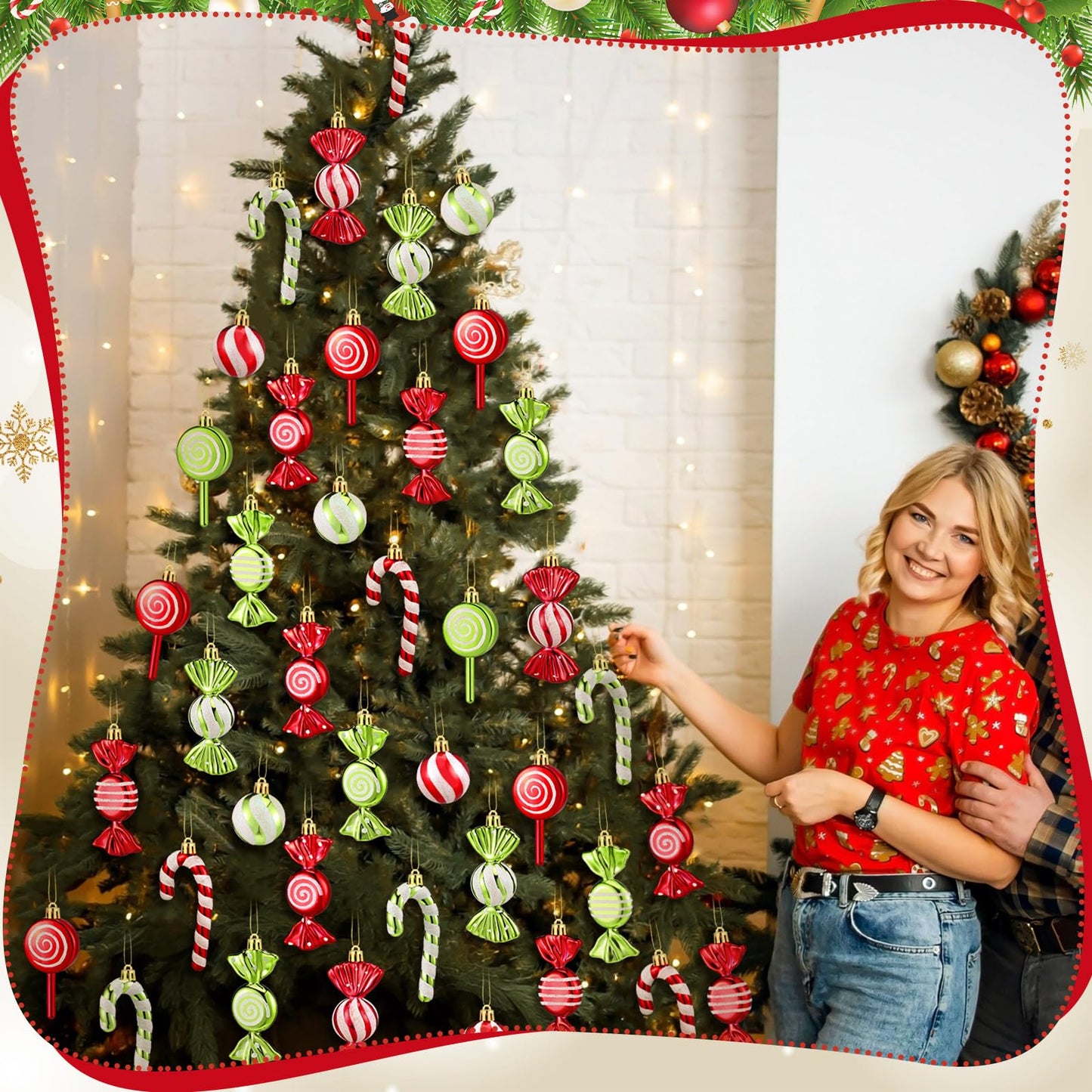 Liliful 30 Pcs Christmas Candy Cane Lollipop Ornaments Set Plastic Holiday Peppermint Candy Home Hanging Ornament Lollipop with Rope for Xmas New Year Party Decor(Red Green White)