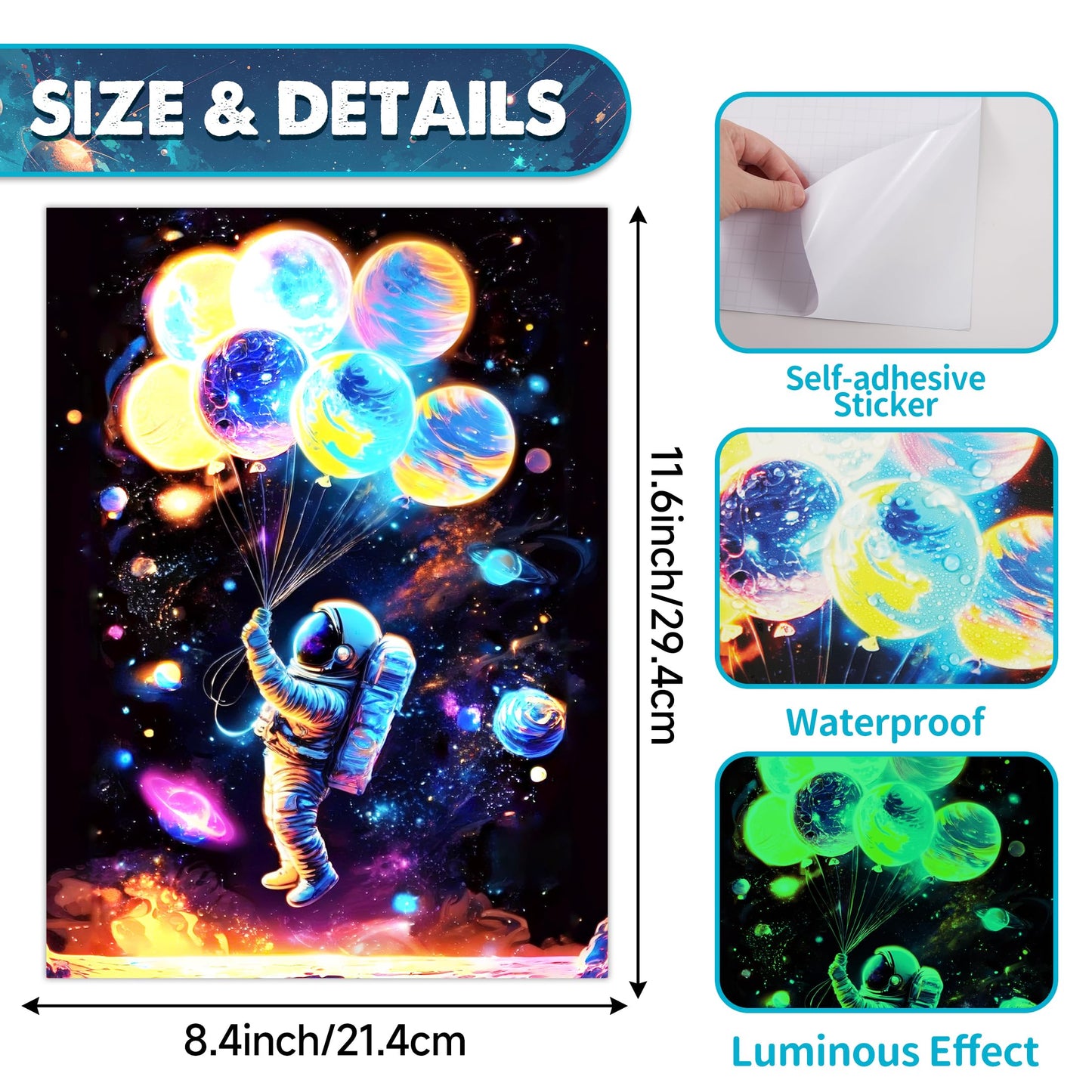 Glow in The Dark Neon Astronaut Space Wall Stickers, Cool Spaceman Boy Bedroom Wall Decals, Fantasy Galaxy Planet Room Decor, Playroom Nursery Ceiling Glass Decoration