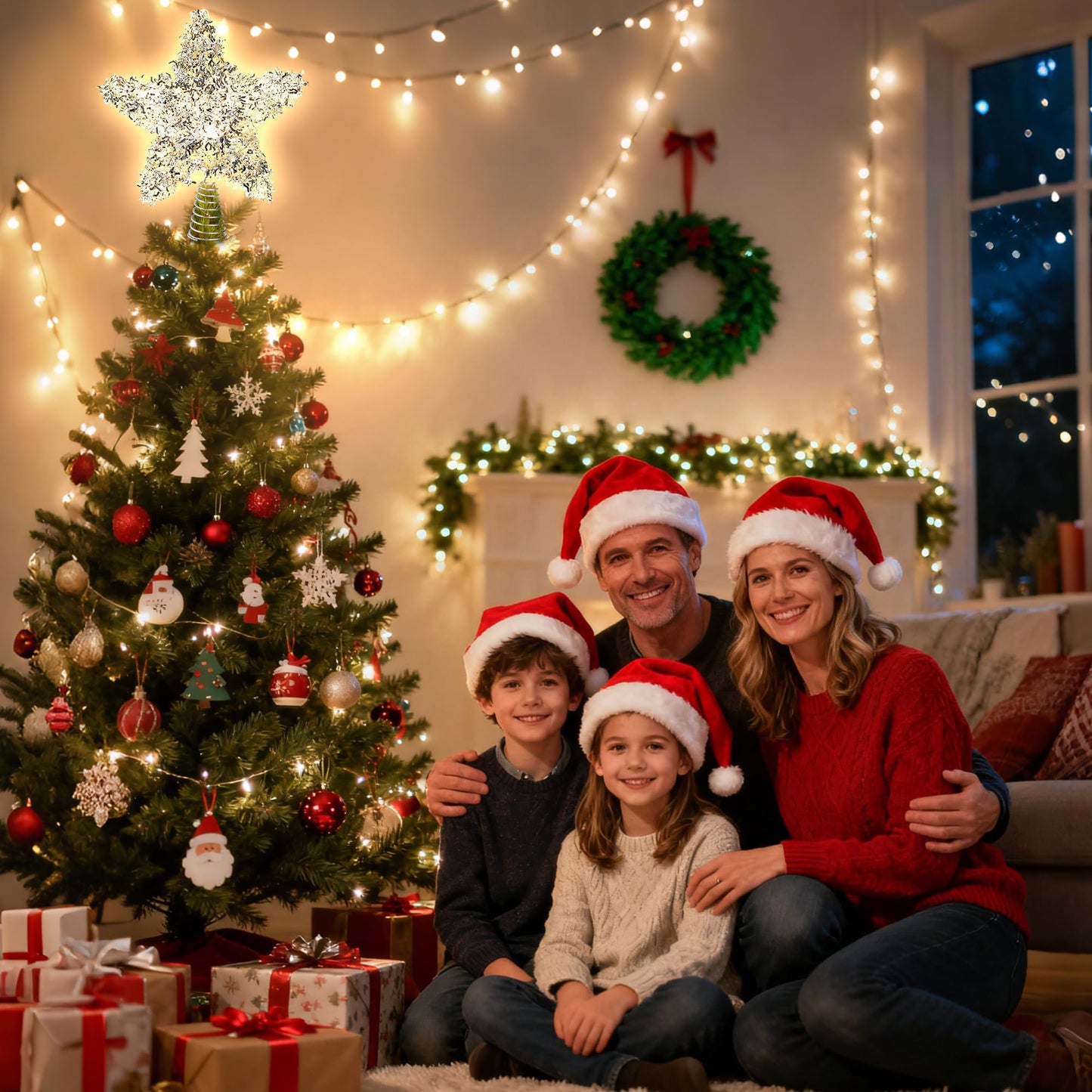LAWOHO Christmas Tree Topper Star, Exquisite Christmas Decor, 10 Inch Shiny Silver Christmas Tree Decoration with 6H Timer, 20 Warm LED Lights for Xmas Tree, Holiday & Party, Indoor Decor