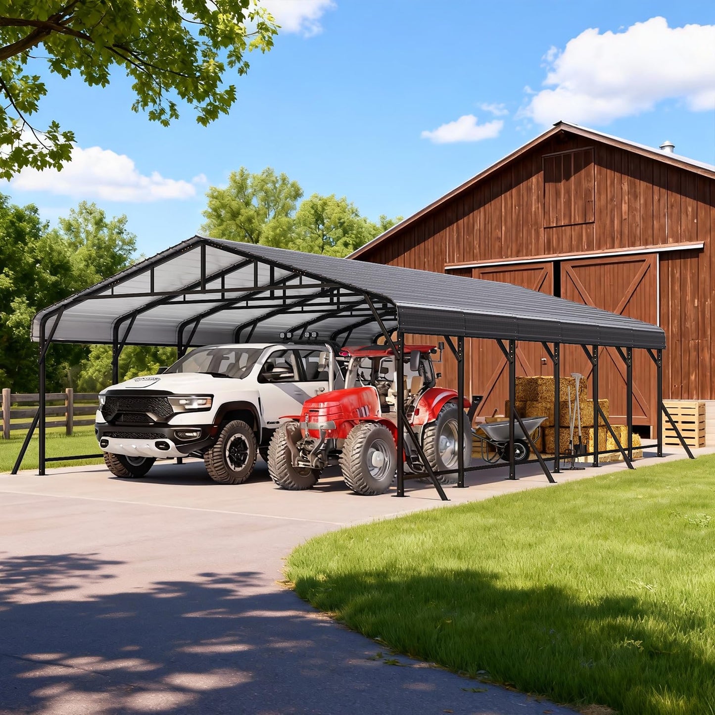EROMMY 20x30 FT Heavy Duty Metal Carport with Reinforced Steel Braces & Galvanized Steel Roof and Frame, Sturdy Car Shed in All Weathers, Easy Assembly Car-Shelter for 2 Cars, SUV, Tractors and Boat