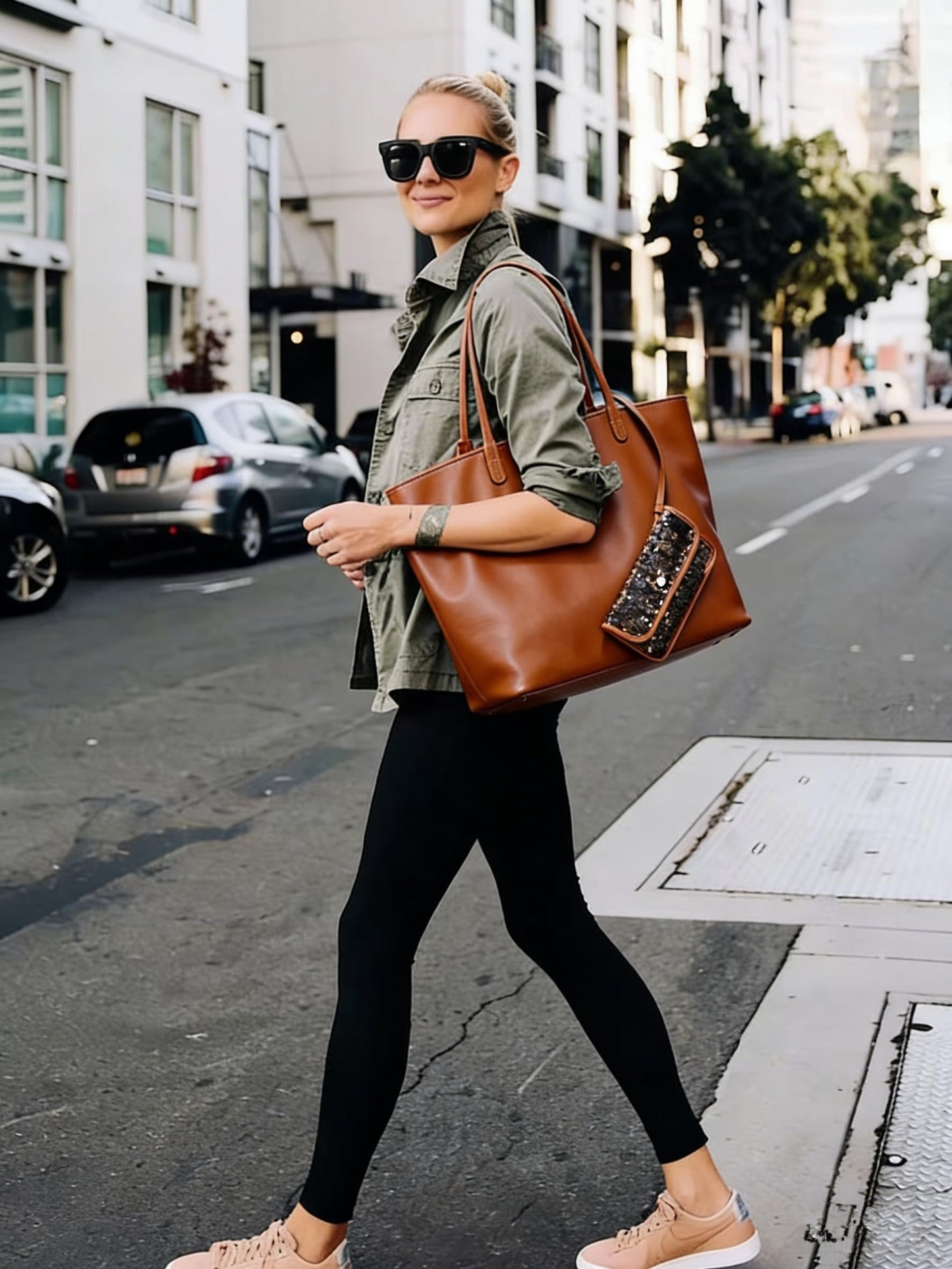 Large Tote Bag for Women Oversized Leather Shoulder Bag, Weekender Travel Work Laptop Tote Purse, Lightweight Shopper Handbag (Brown)
