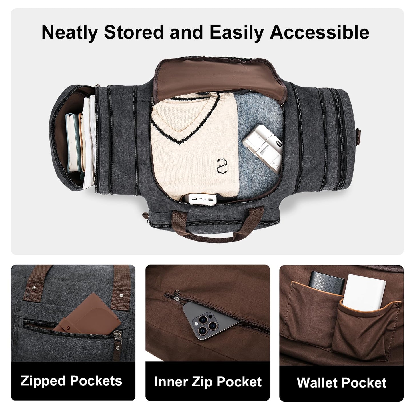 EKOROMIER Large Canvas Travel Duffle Bag - Expandable to 70L, Durable Weekender for Men & Women - Ideal for Airplanes Travel, Gym, and Business(Dark Grey)