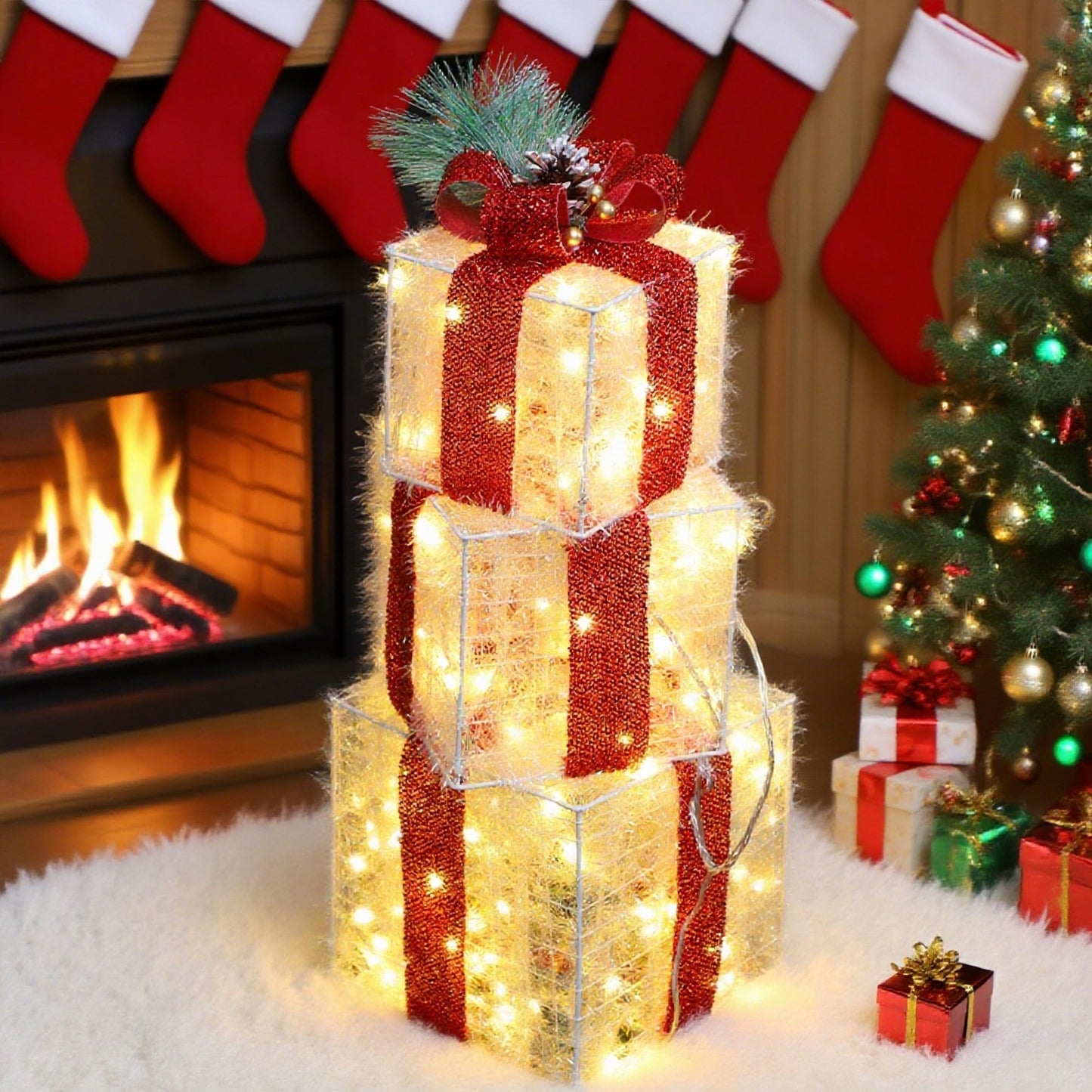 Teoytm Set of 3 Christmas Lighted Gift Boxes Decorations, Lighted Present Box for Christmas Under Tree Indoor Decoration