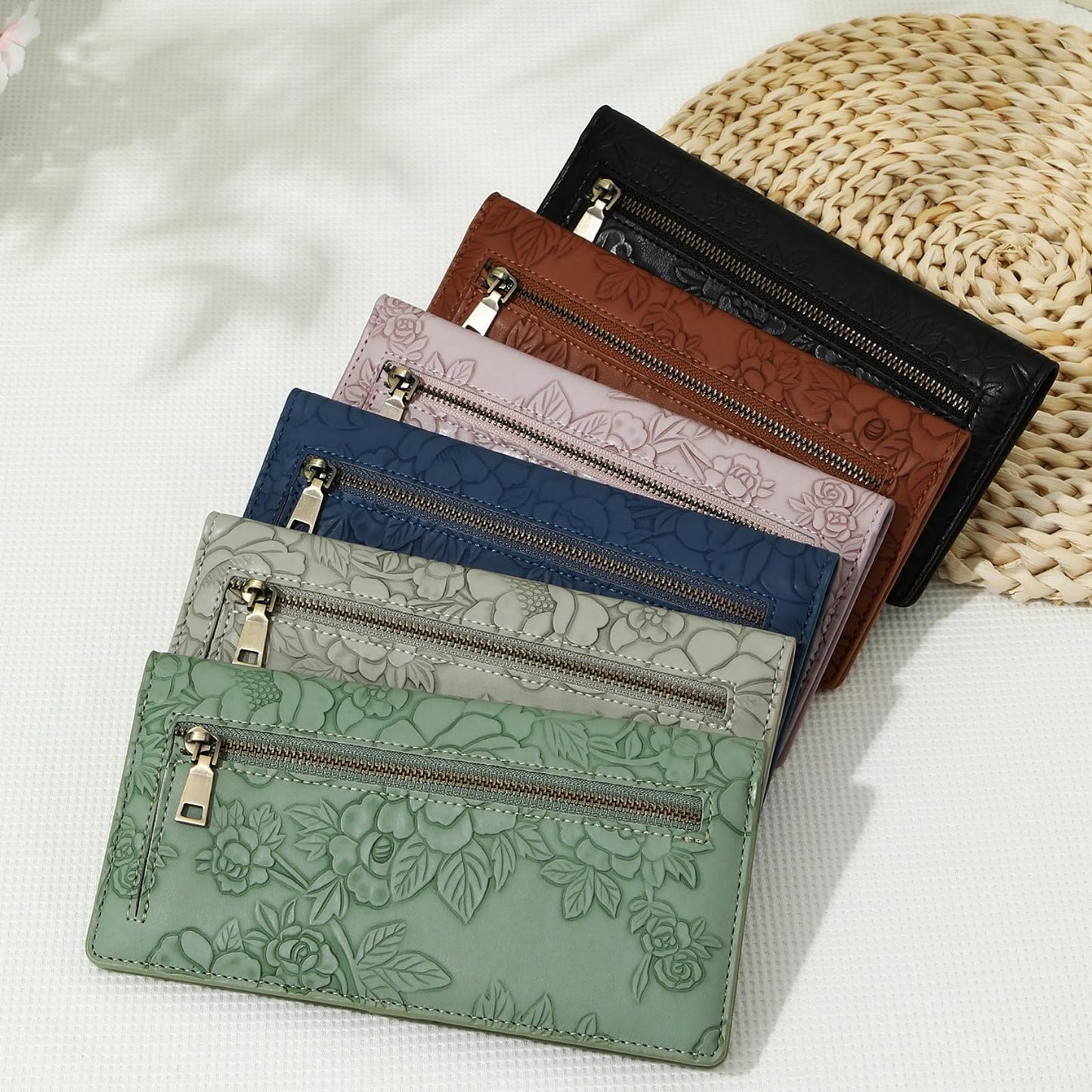 Bakurok Wallet Women Slim Thin RFID Blocking Bifold Floral Minimalist Vegan Leather Card Holder with Zipper Pocket ID Window