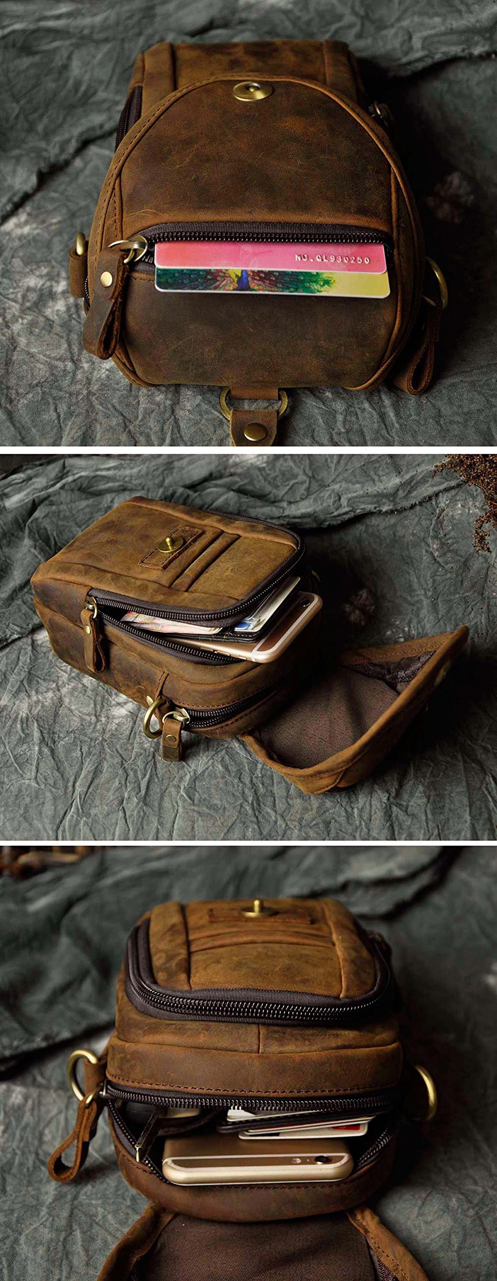 Le'aokuu Mens Vintage Small Messenger Shoulder Satchel Genuine Leather Waist Bag Pack (Dark Brown)