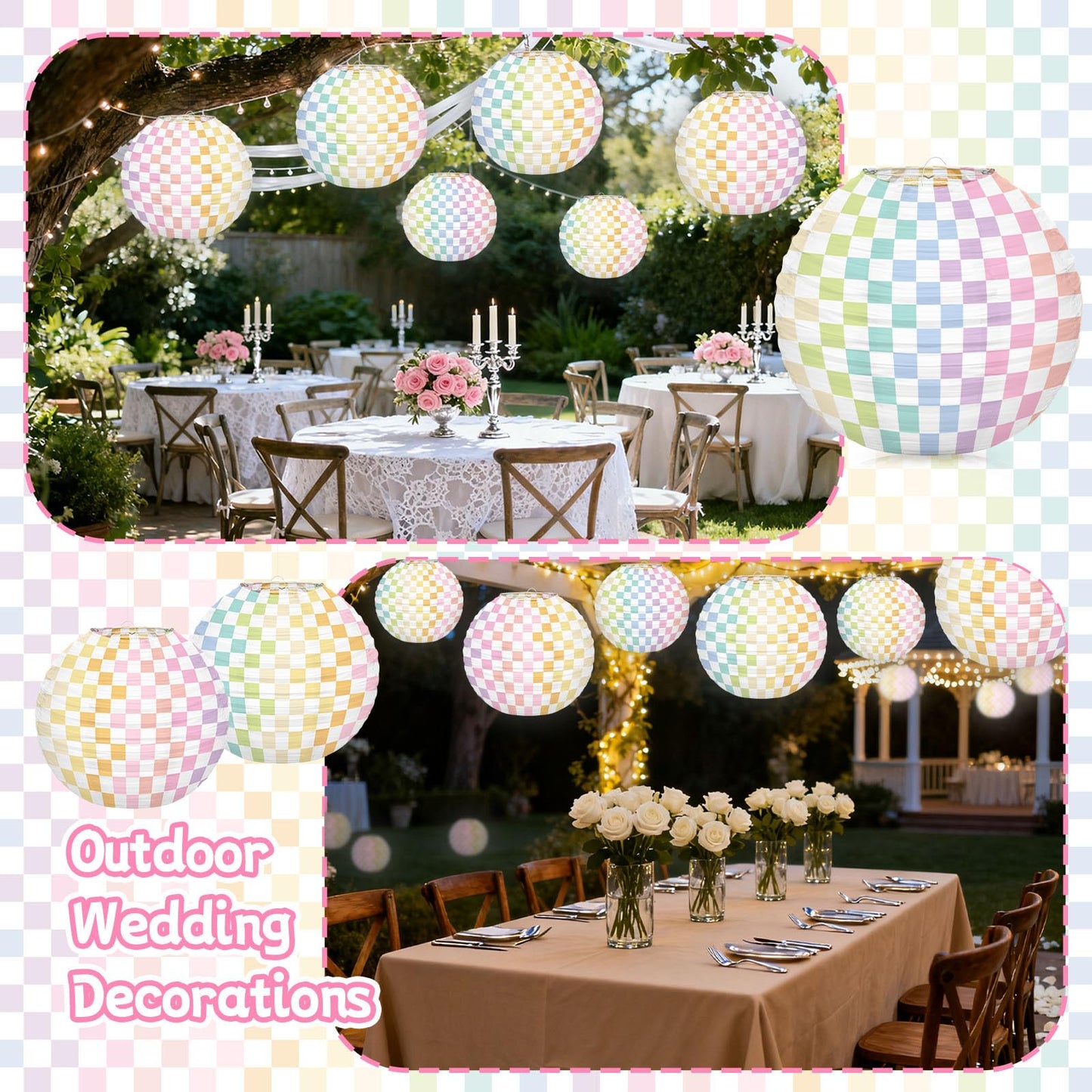 6pcs Pastel Checkered Paper Lanterns Party Decoration, 8inch Pink Gingham Ruond Hanging Lanterns Party Decor for Home Yard Ceiling Classroom Wedding Engagement Birthday Christmas Supplies