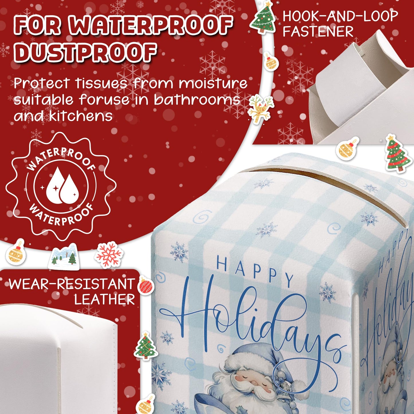 Happy Holidays Box Cover Square, Santa Claus Blue Checkered Decorative Tissue Box Holder, Waterproof Leather Tissues Boxes Dispenser for Bathroom, Office, Car, Bedroom Nightstand, Home Decor