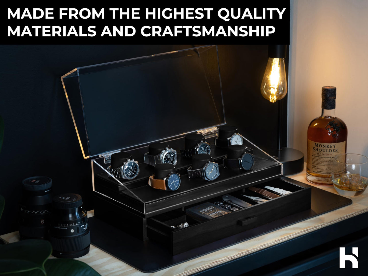 Premium 7 Slot Watch Box for Men - Large Wooden Watch Display Case with Hinged Cover, Leather Lining & Drawer - Watch Holder Organizer Stand - Handcrafted Luxury Father's Day Present for Men