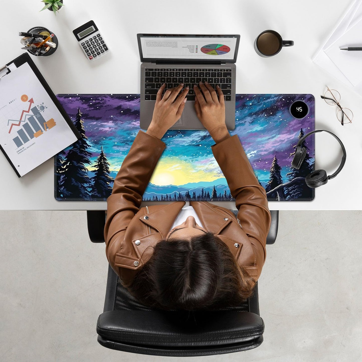 Heated Mouse Pad Hand Warmer, Warm Desk Pad Mousepad Desk Mat with 3 Levels Heating and Auto Shut Down 31.5 x 13 inch PU Leather Warmer Keyboard Mat for Gaming Laptop Office Home, Art Forest Galaxy