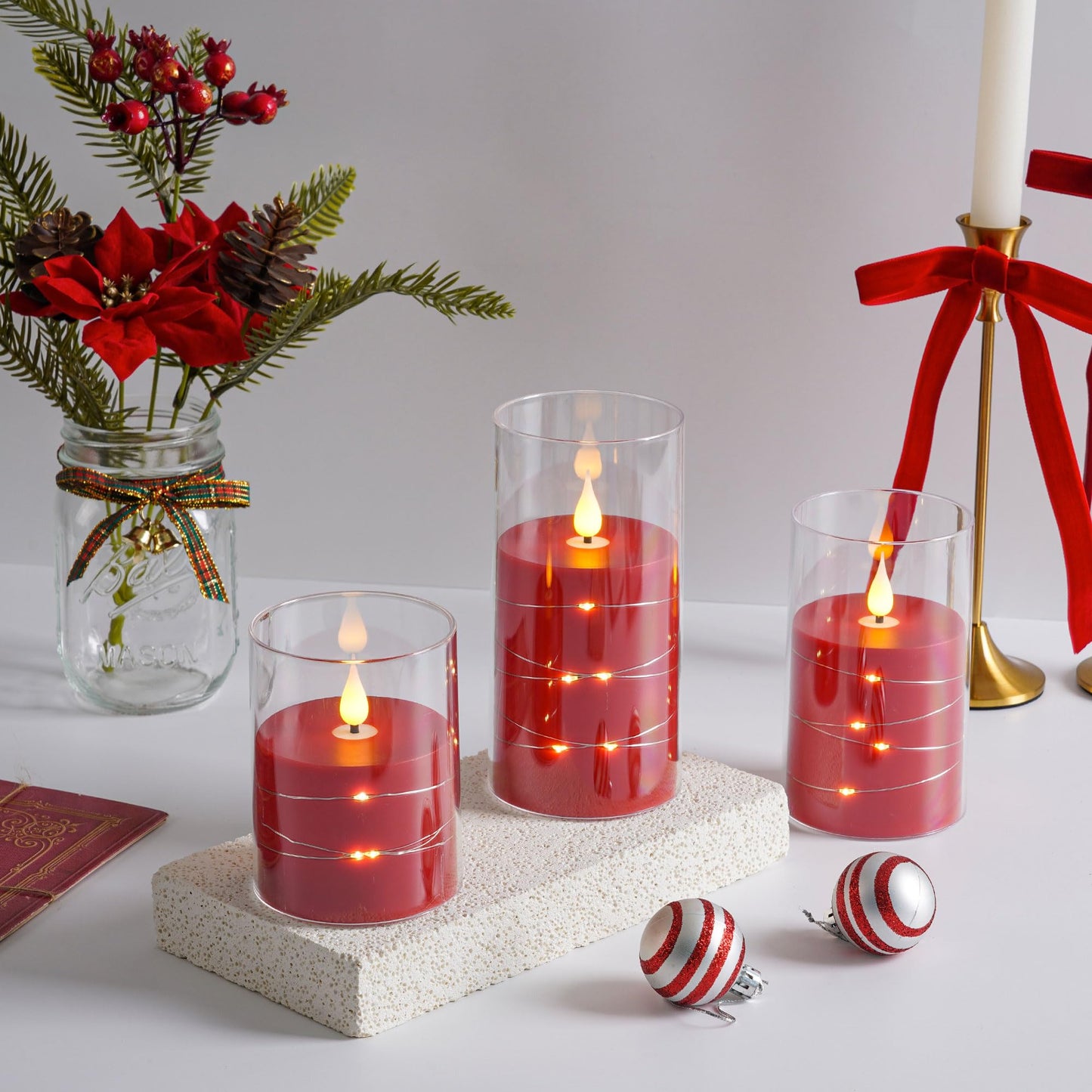 Da by 3 Pack Red Transparent Acrylic Flameless Taper Candles, Flickering Black Wick LED Candles with Fairy String Lights, Heat Resistant ABS Candles with Remote for Indoor Outdoor Decor