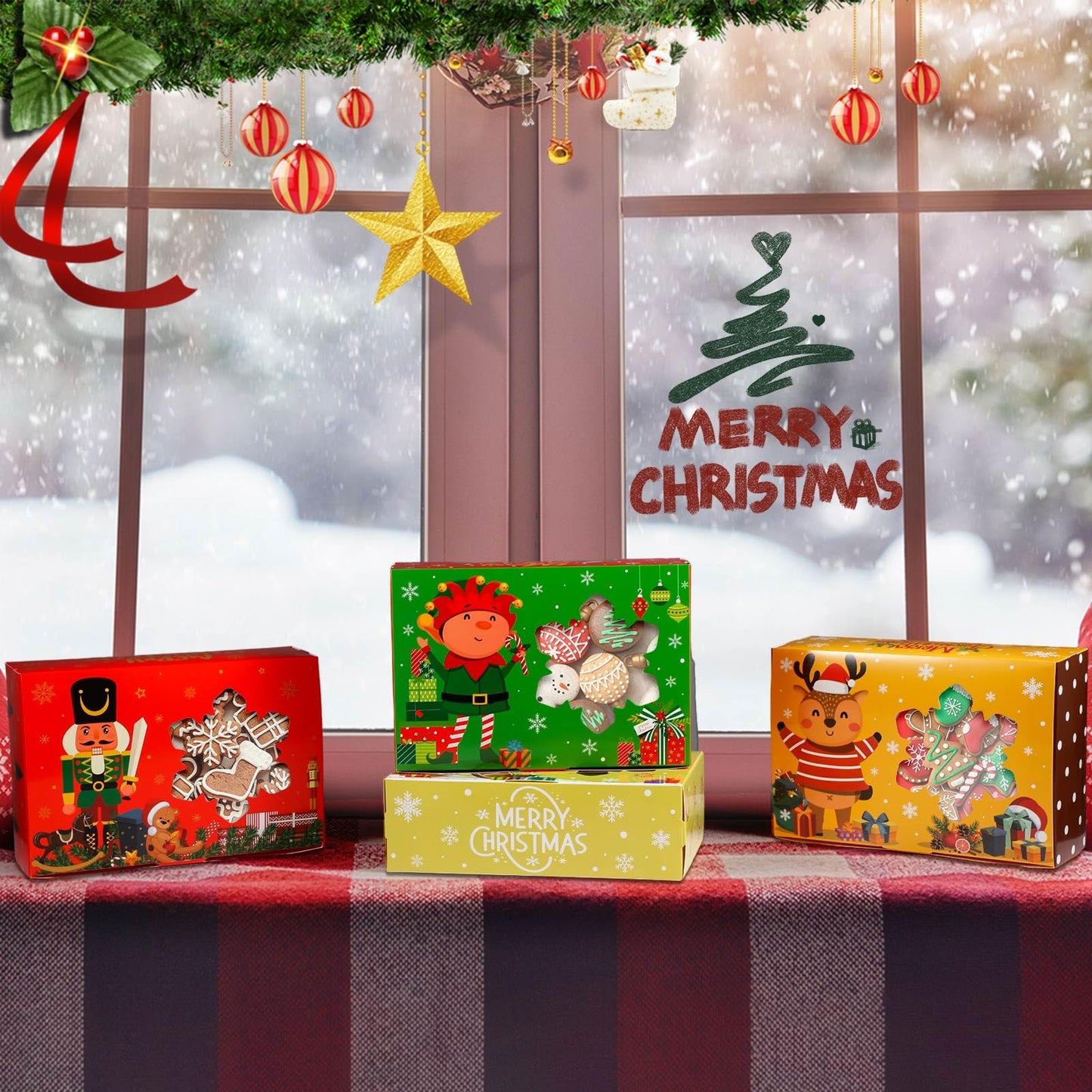 Beeveer 24 Pcs Christmas Cookie Boxes for Gift Giving Christmas Treat Boxes with Window Christmas Cookie Containers 8.7 x 5.7 x 2.8 Inch Kraft Holiday Bakery Box for Xmas Party Favor Cupcakes Candy