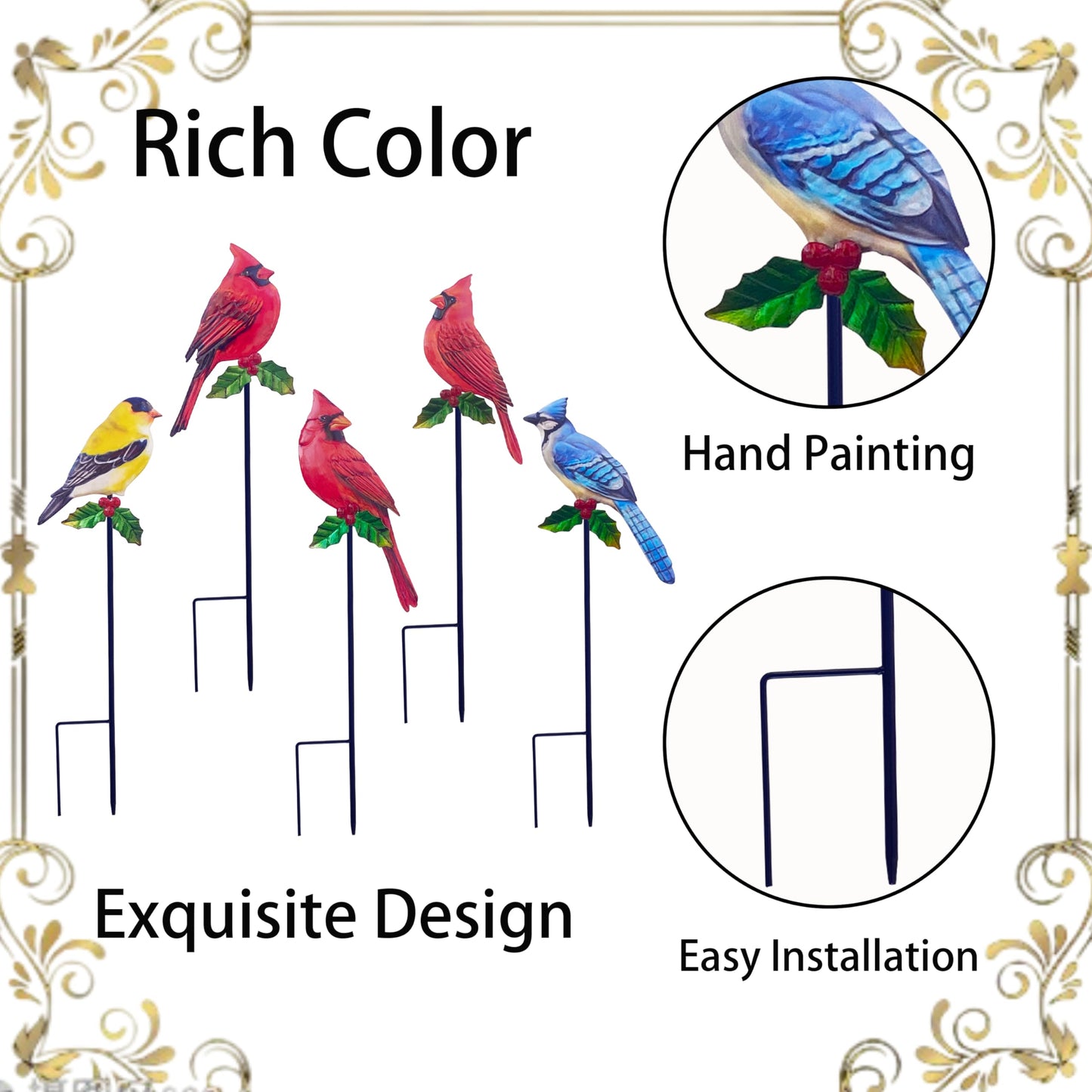 VividLadybug Metal Cardinal Garden Stakes 5 Pack Outdoor Yard Art, Outside Decor for Yard,Garden, Patio Decorations - Bird Lover Gifts