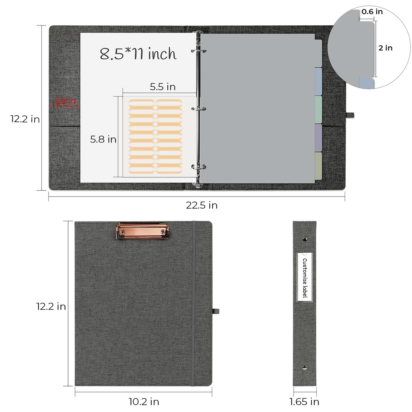 EYROZILL 3 Ring Binder, 1 Inch Linen Binder Organizer for Letter Size (8.5" x 11") with 5 Tab Dividers, File Folder Labels and Low Profile Clipboards, School and Office Supplies- Darkgrey