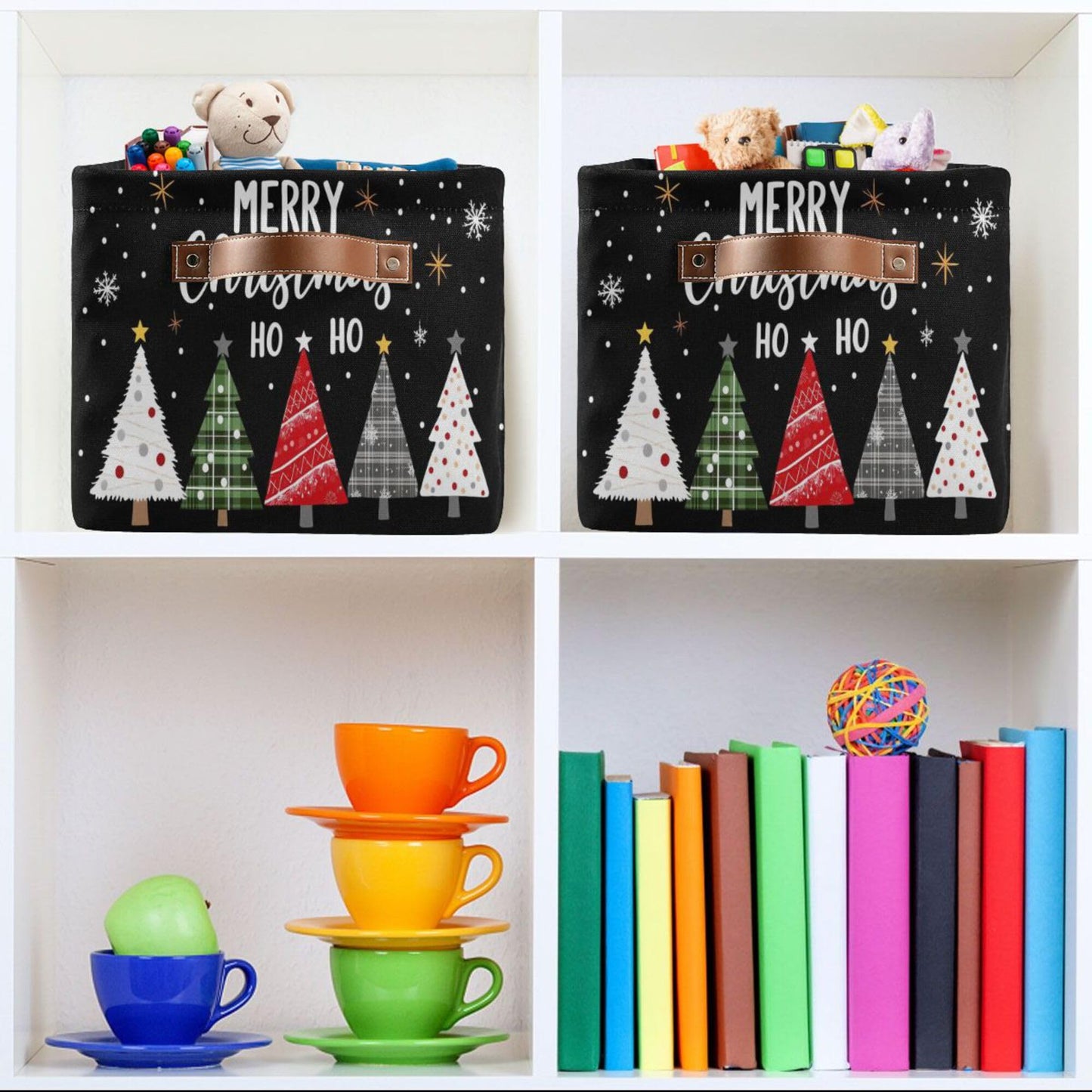 Merry Christmas Tree Black Storage Basket with Waterproof Liner and PU Handles Winter Snowflake Xmas Storage Bins Boxes 14.2" Collapsible Decorative Organizer Baskets for Bedroom Closet Office 1 Pack
