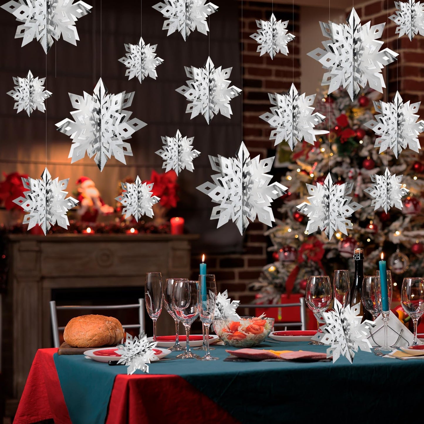 OuMuaMua Christmas Snowflake Decorations Indoor, 24PCS 3D Silver Hanging Snowflakes Garland for Winter Wonderland Decor Xmas Christmas Party Baby Shower Holiday Home Decorations