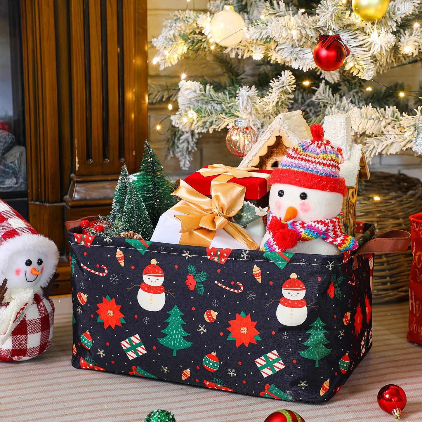 Yoojahow 3 Pack Christmas Storage Baskets Waterproof Canvas with Leather Handles Collapsible Storage Bins Cube Baskets for Closet Clothes Room Decor Gift Basket
